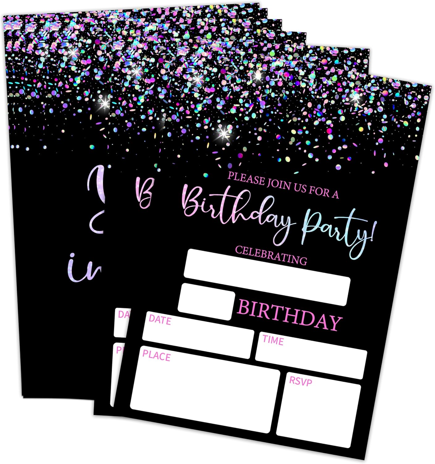 4″ x 6″ Black Glitter Birthday Invitation Cards – 20Pcs Double Sided Invitation Cards & 20Pcs Envelopes – Modern Birthday Party Invites For Boys, Girls – A05