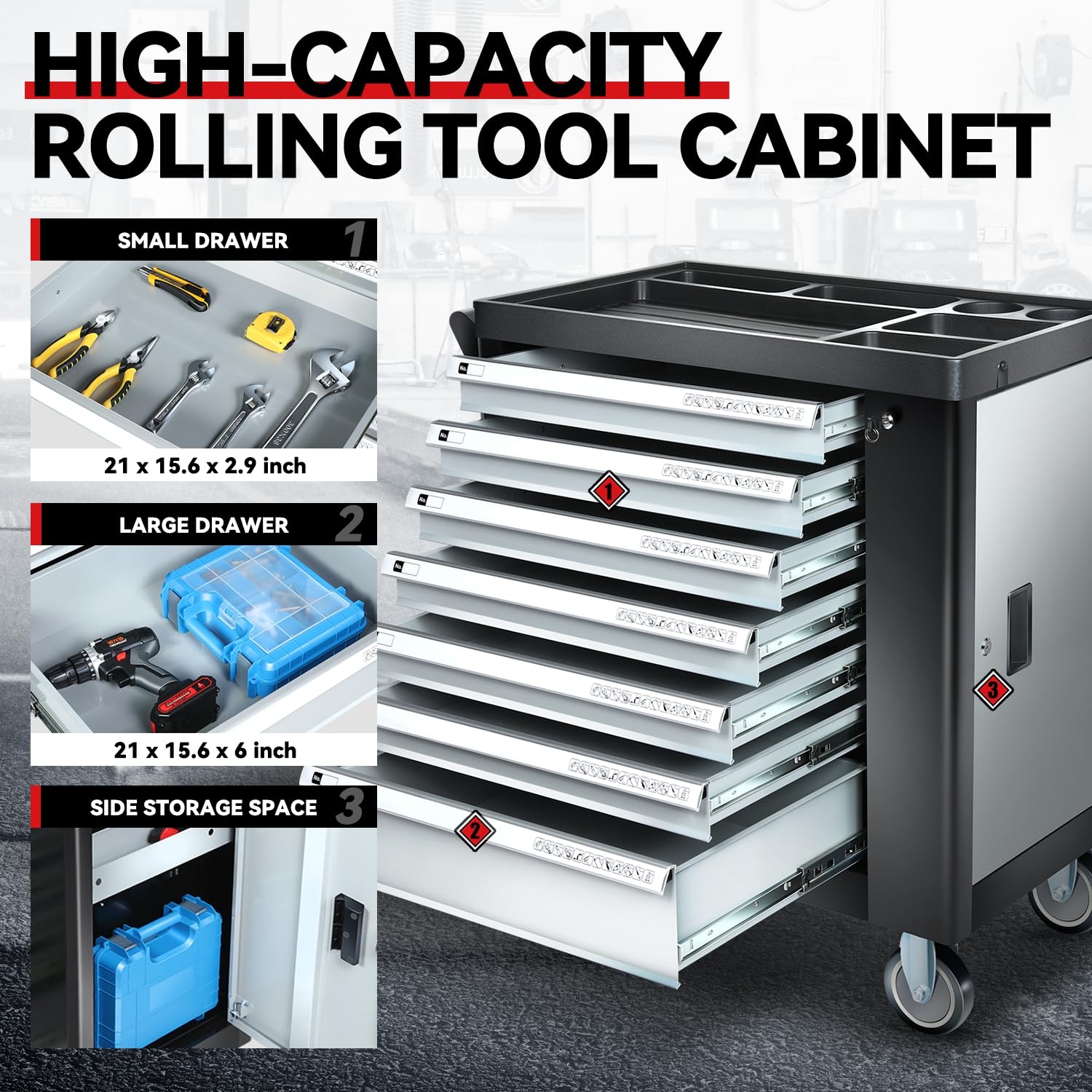 Auto Dynasty Universal Silver 7 Drawer Plastic Top Tray Powder-Coated Steel Roller Cabinet for Garage Warehouse Home Office Workshop Repair Tools