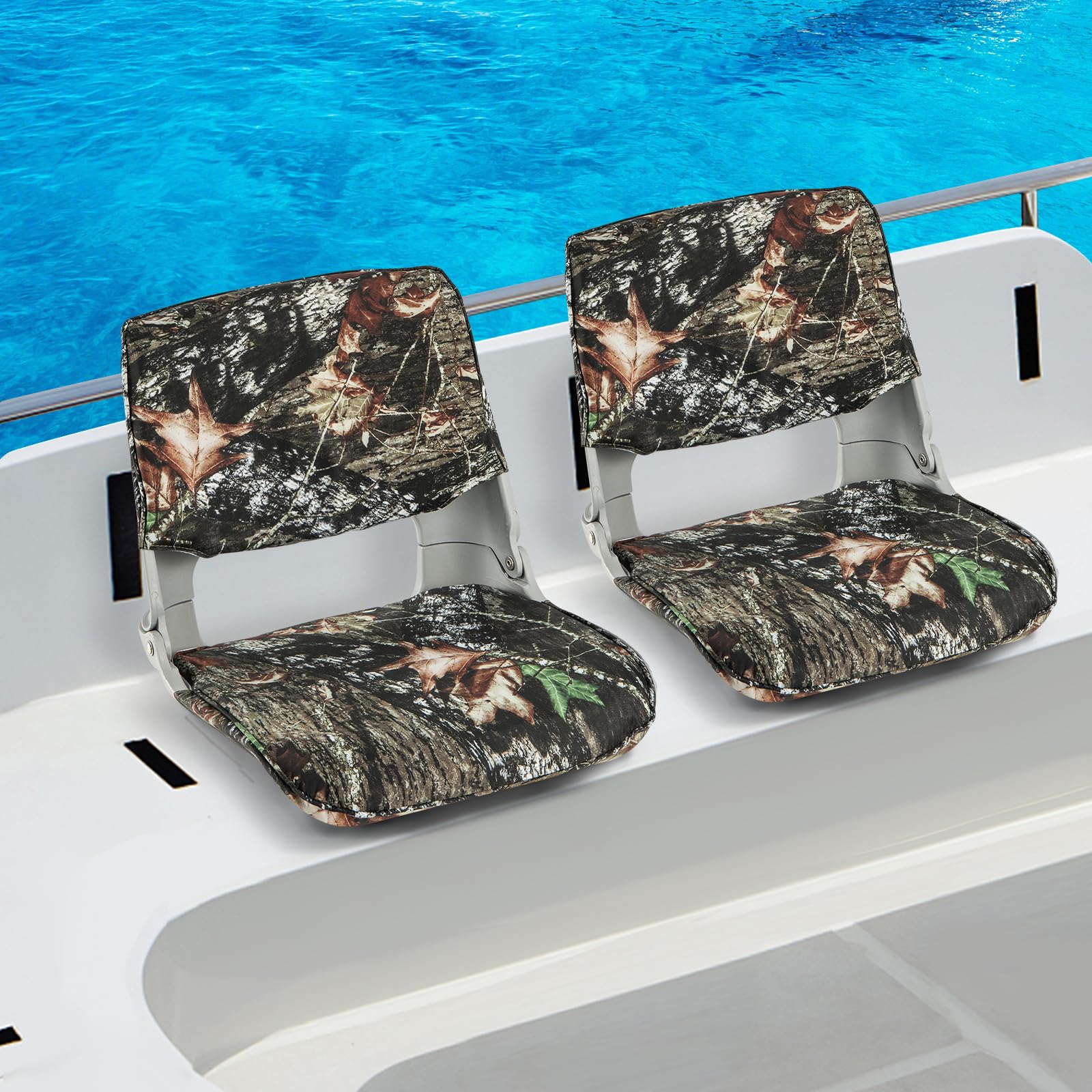 GYMAX Siège de Bateau à Dossier Bas, Siège de Bateau de Pêche Pliable avec Rembourrage en Éponge Doux, Housse en Tissu Oxford, 4 Boulons, Siège de Capitaine Imperméable, Camouflage