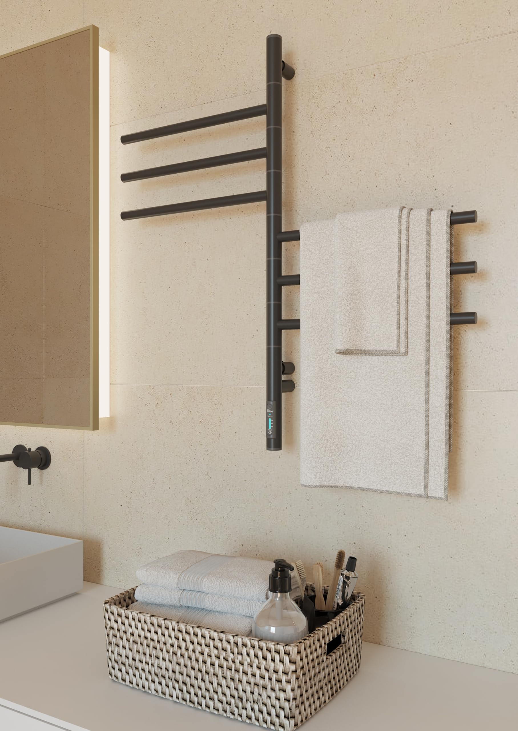 Czarny grzejnik do ręczników 79x40 cm – Elektryczny 78W – 6 obrotowych ramion – Termostat + Timer – IP44 – Stylowy i oszczędny