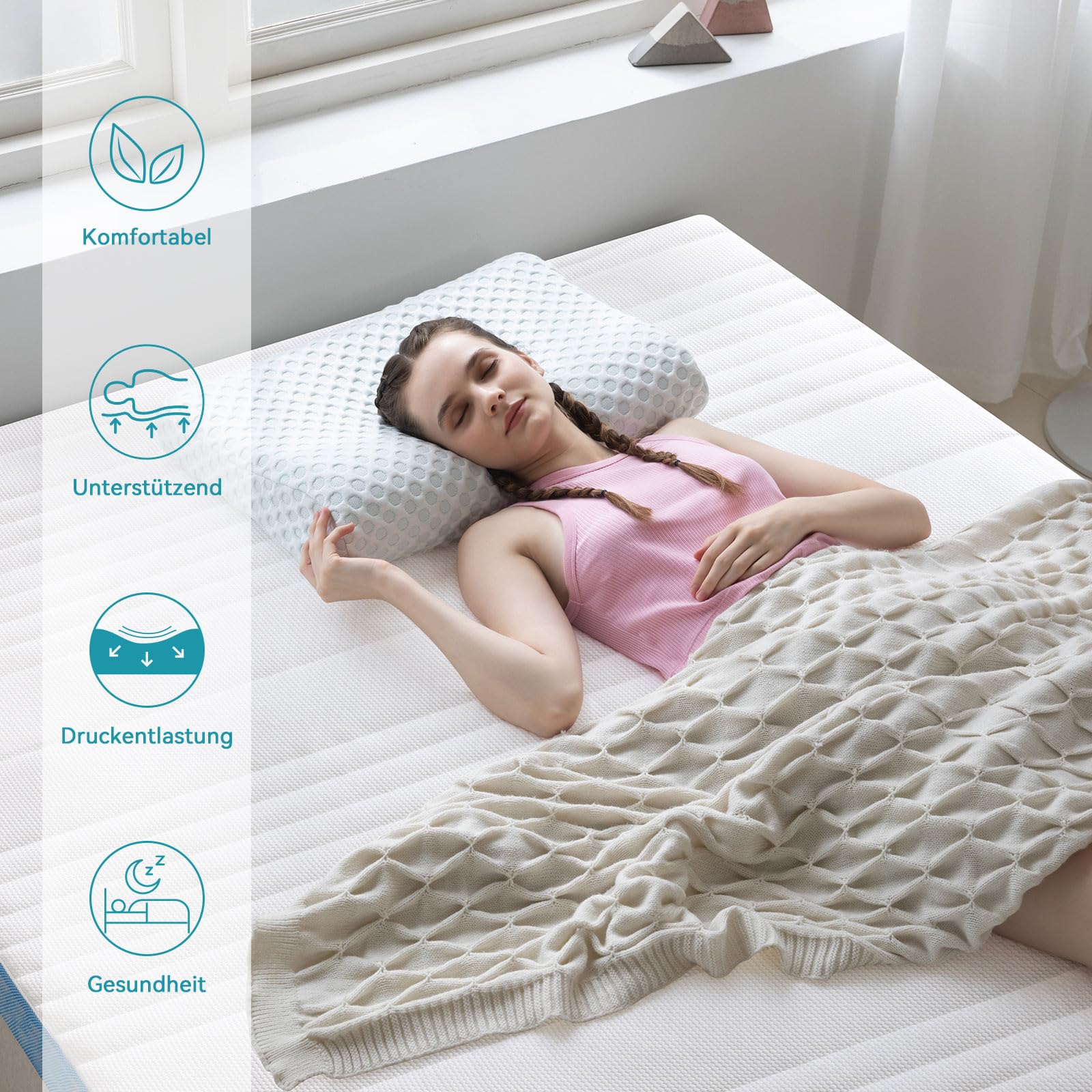 Amazon Basics Memoryschaum Matratzenauflage mit Bändern, 140 x 200 cm, 5 cm Höhe, weiß