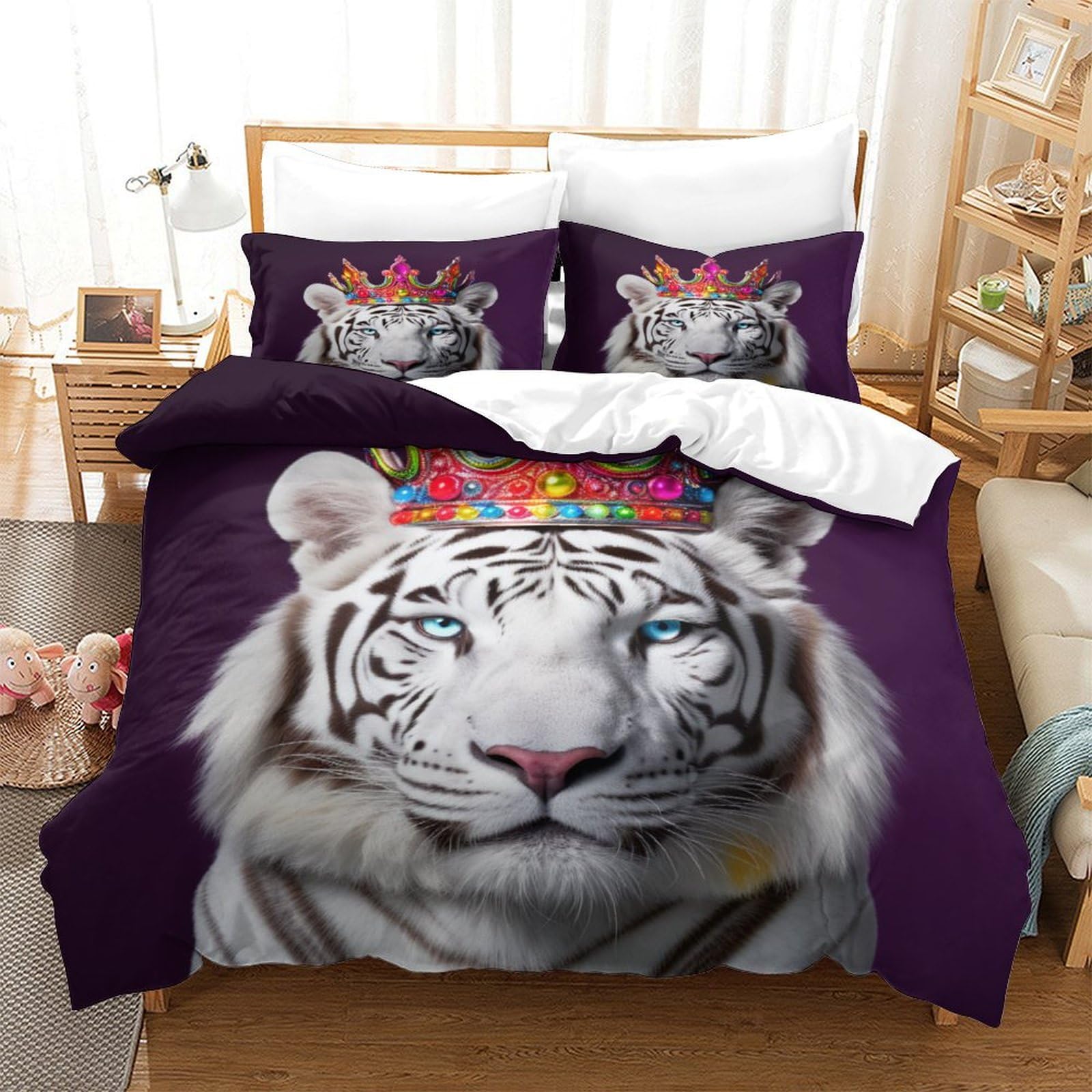 P1S9U7W5Y Royal White Tiger 3D Printed Duvet Cover Set 3pcs Microfiber Animal Bedding Set King