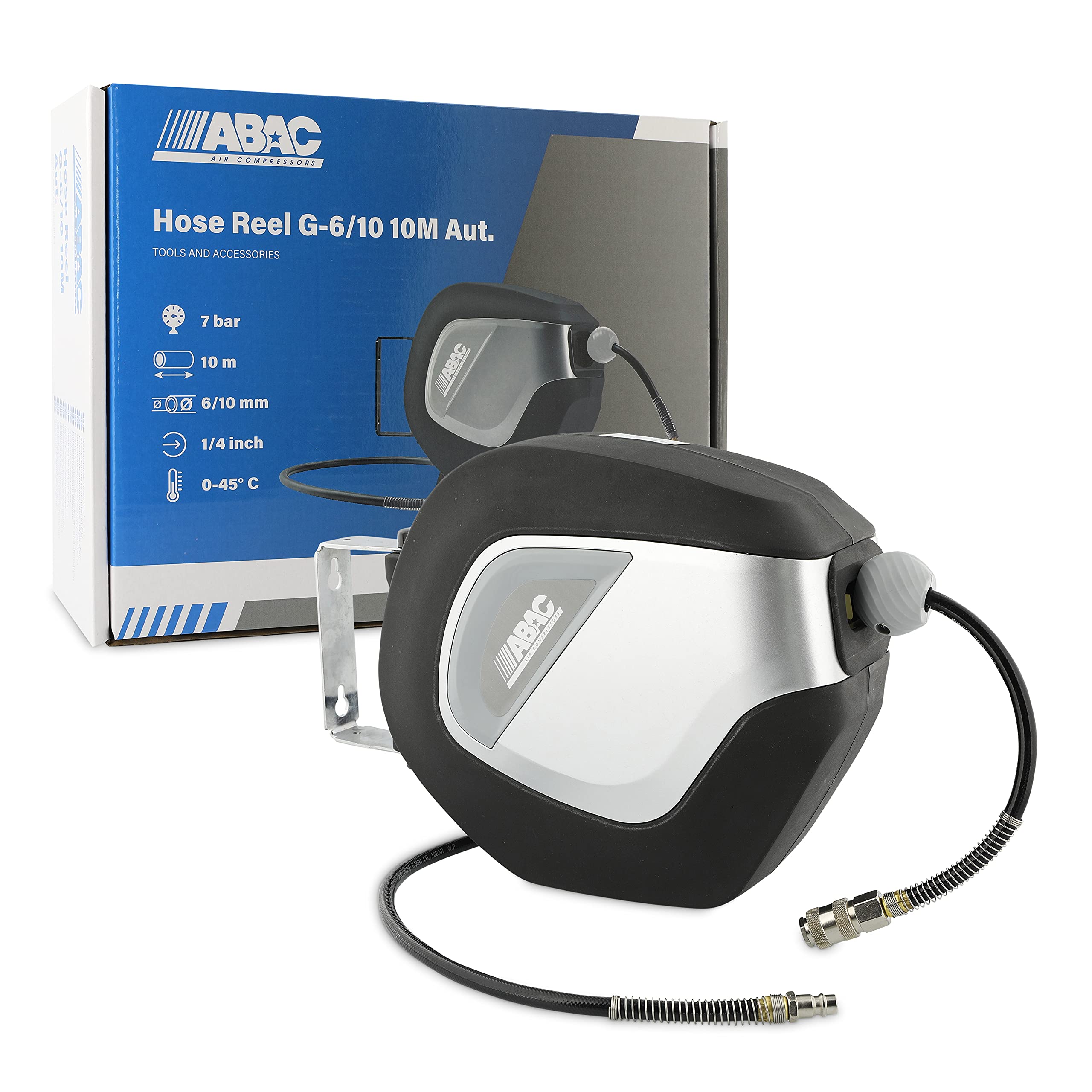 ABAC Avvolgitubo Automatico G-6/10, Tubo in PVC da 10 Metri, Avvolgitubo con Alloggiamento Girevole a 180°, 2 Viti di Montaggio Incluse, 10 Metri, Nero