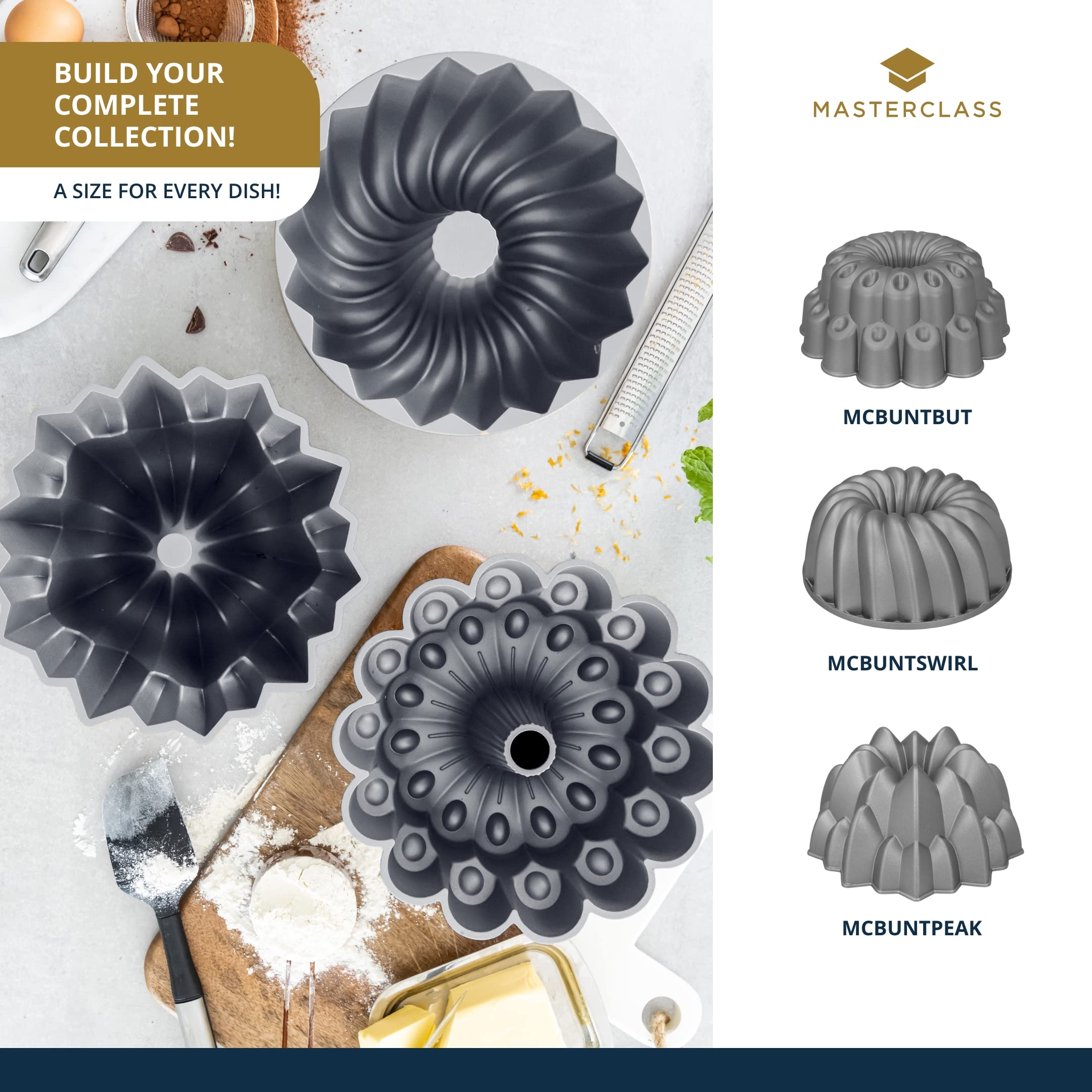 MasterClass Molde decorativo para tartas de 24 cm, molde de aluminio fundido antiadherente y antiarañazos, molde decorativo para tartas con diseño de remolino, duradero y ligero, gris