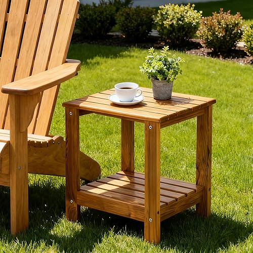 Miniatura 6 de Utoplike Mesa auxiliar de teca para exteriores, mesa auxiliar de doble capa, mesas de café de madera para patio trasero, jardín, cama, sala de