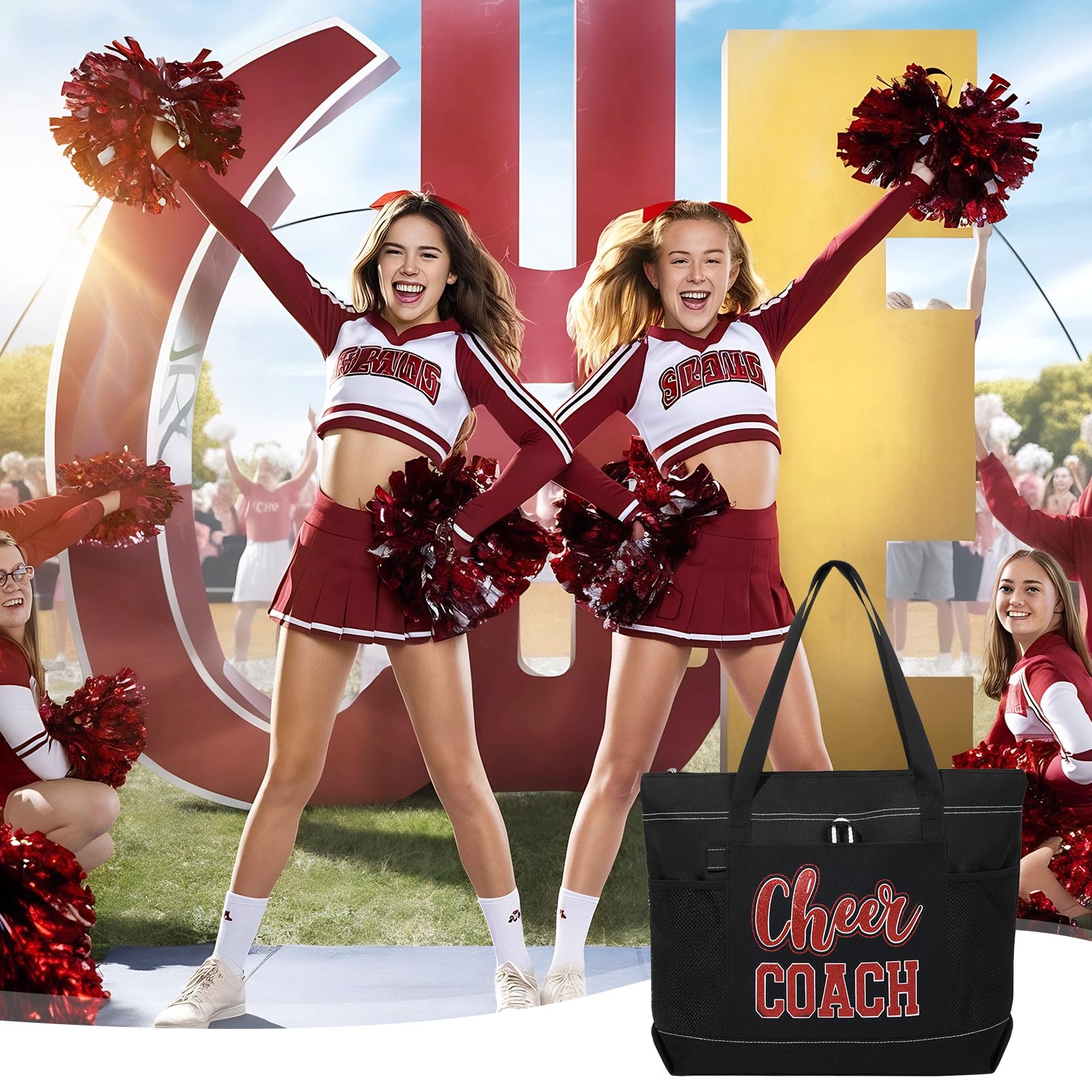 Aileam Cheer Coach Tote Bag for Cheerleaders Cheerleading Coach Gift Large Canvas Cheer Bag with Zipper Reusable Shopping Bag for Cheerleader Cheer Stuff Organizer for Girls Coaches