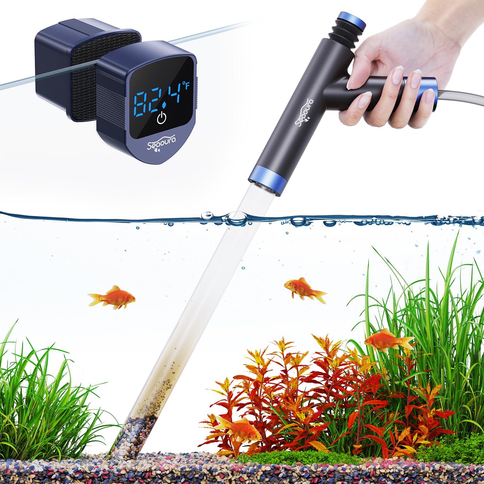 SEAOURA Aquarium Mini Magnetic Brush for Glass Fish Tank with Siphon Pump Gravel Cleaner