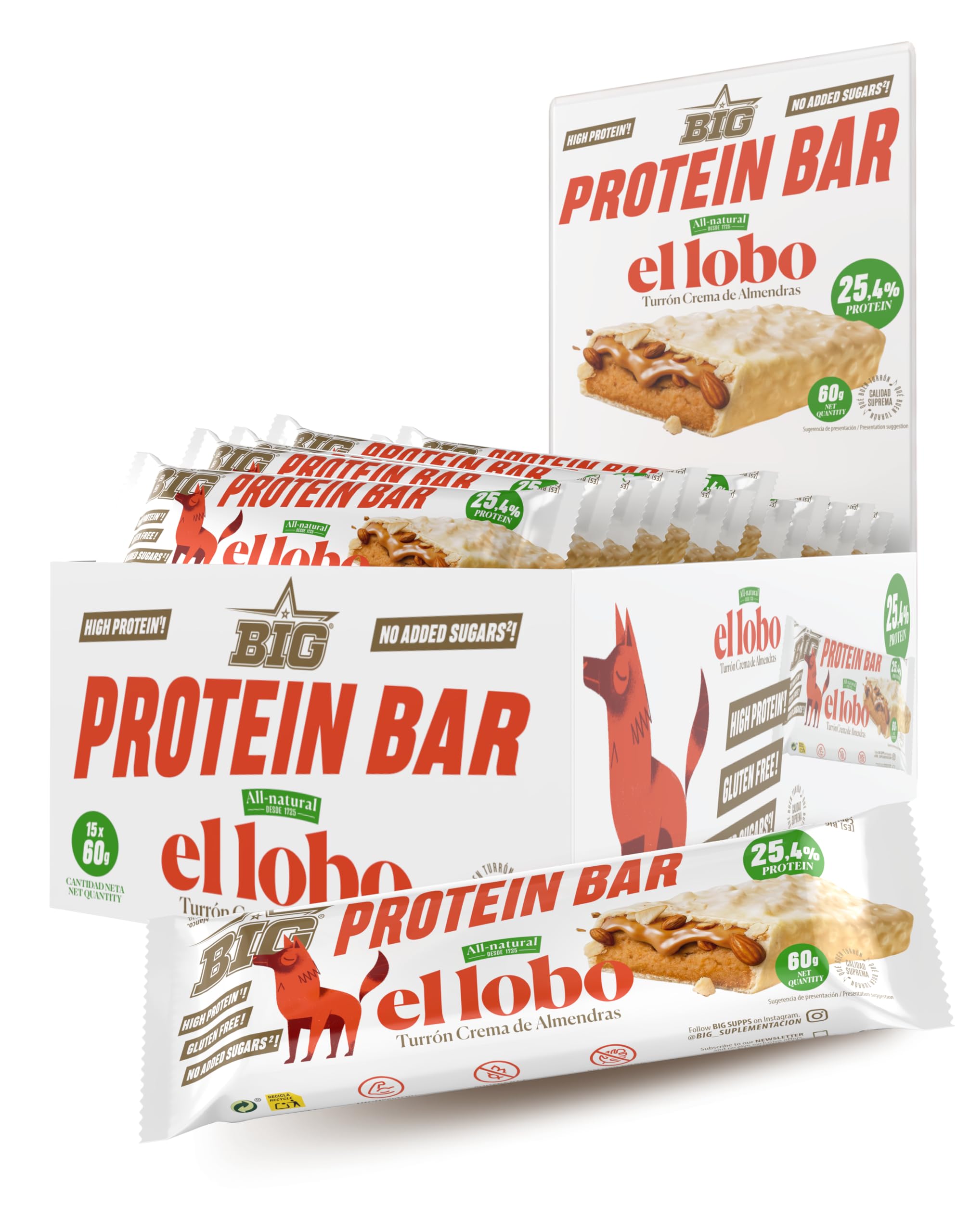 BIG - Barritas Proteina - Barritas Proteinas Turrón Almendras y Chocolate Blanco El Lobo - Snack Saludable Alto en Proteínas - +25gr por Barrita - Protein Bar Sabor Turrón - Sin Gluten - Caja (15 uds)