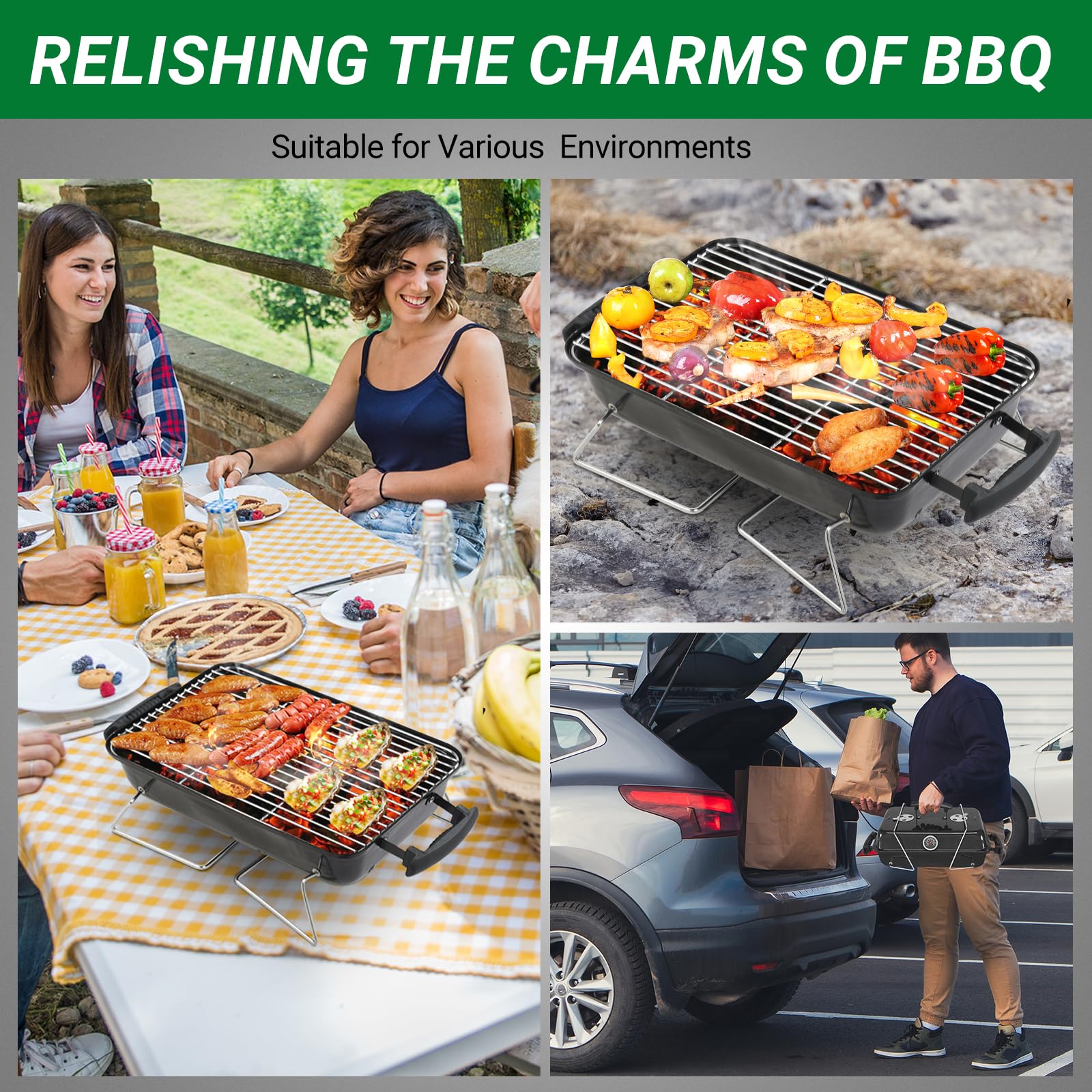 Portable Charcoal Grill, Tabletop Outdoor Barbecue Smoker, Small Folding BBQ Grill with Lid, Thermometer, Stainless Steel Legs for Camping Garden Party Picnic Cooking, Black - 5