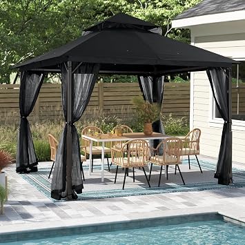 MASTERCANOPY Outdoor Patio Gazebo with Double Roofs, Stable Steel Frame and Mosquito Netting 11x11,Black