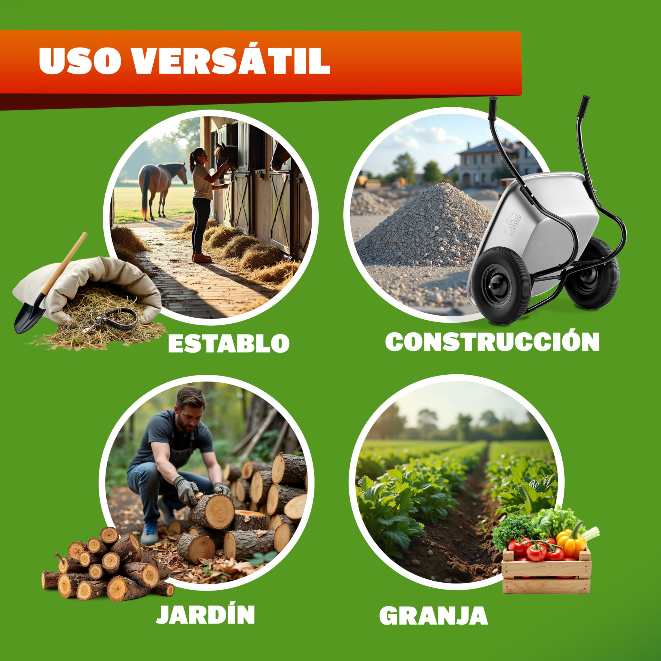 GARDEBRUK® Carretilla de Obra 100L Carro de Jardín Capacidad Carga Máx. 150 Kg 2 Ruedas Neumáticas Acero Galvanizado Mangos Ergonómicos Resistente Ligera Herramienta Jardinería Construcción