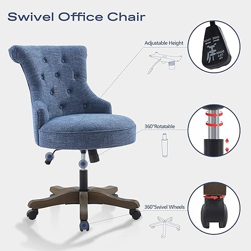 Miniatura 6 de Home Office Chair Adjustable Height Swivel Chair with Wheels Linen Fabric Upholstered Computer Desk Chair with Wooden Legs Comfortable Armless Chair