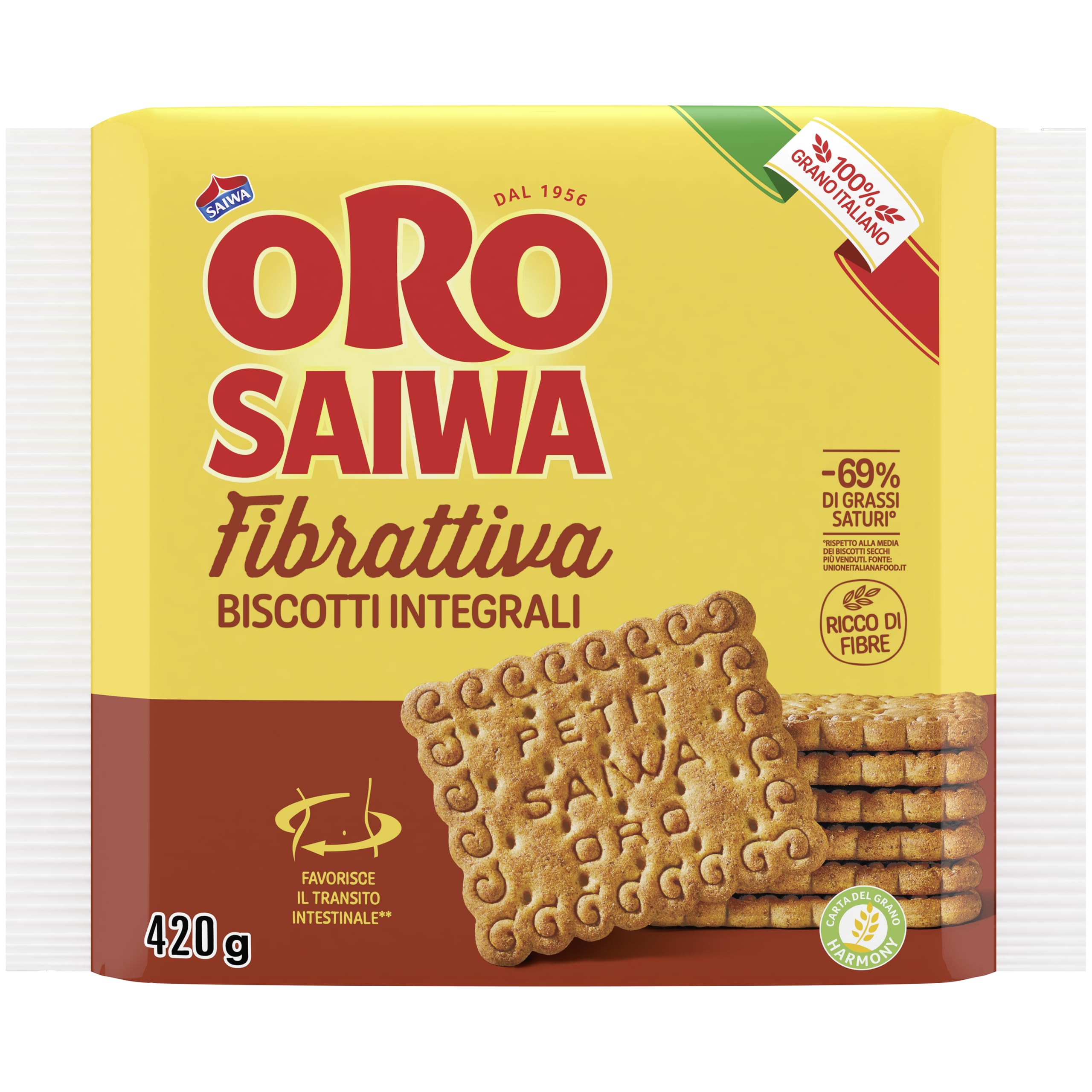 Oro Saiwa Fibrattiva, Biscotti Integrali con 15% di Fibre, 100% Grano Italiano, Consigliato per la Regolarità Intestinale, 420g