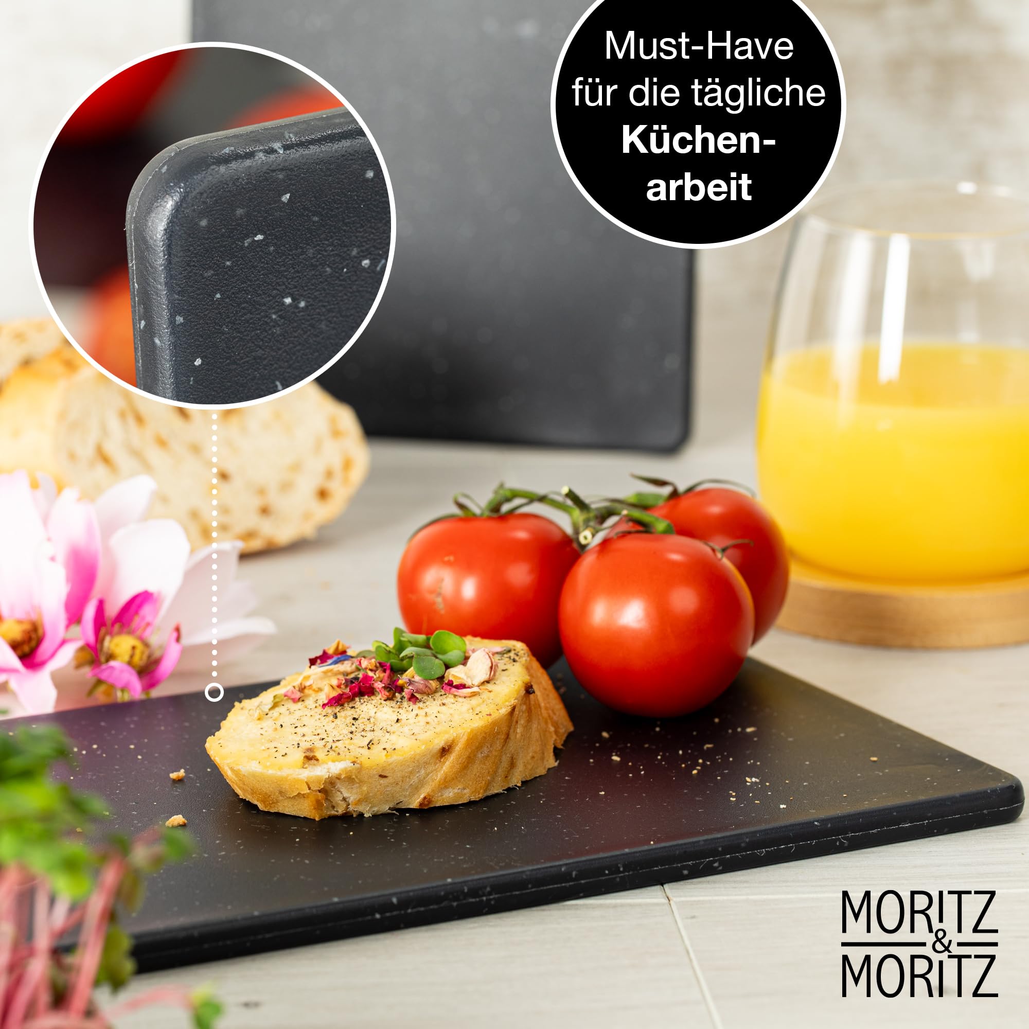 Moritz & Moritz Juego de 4 tablas de cortar de plástico en aspecto de granito, 25 x 15 cm, tablas de cortar sin BPA, tabla de desayuno, juego higiénico y apto para lavavajillas
