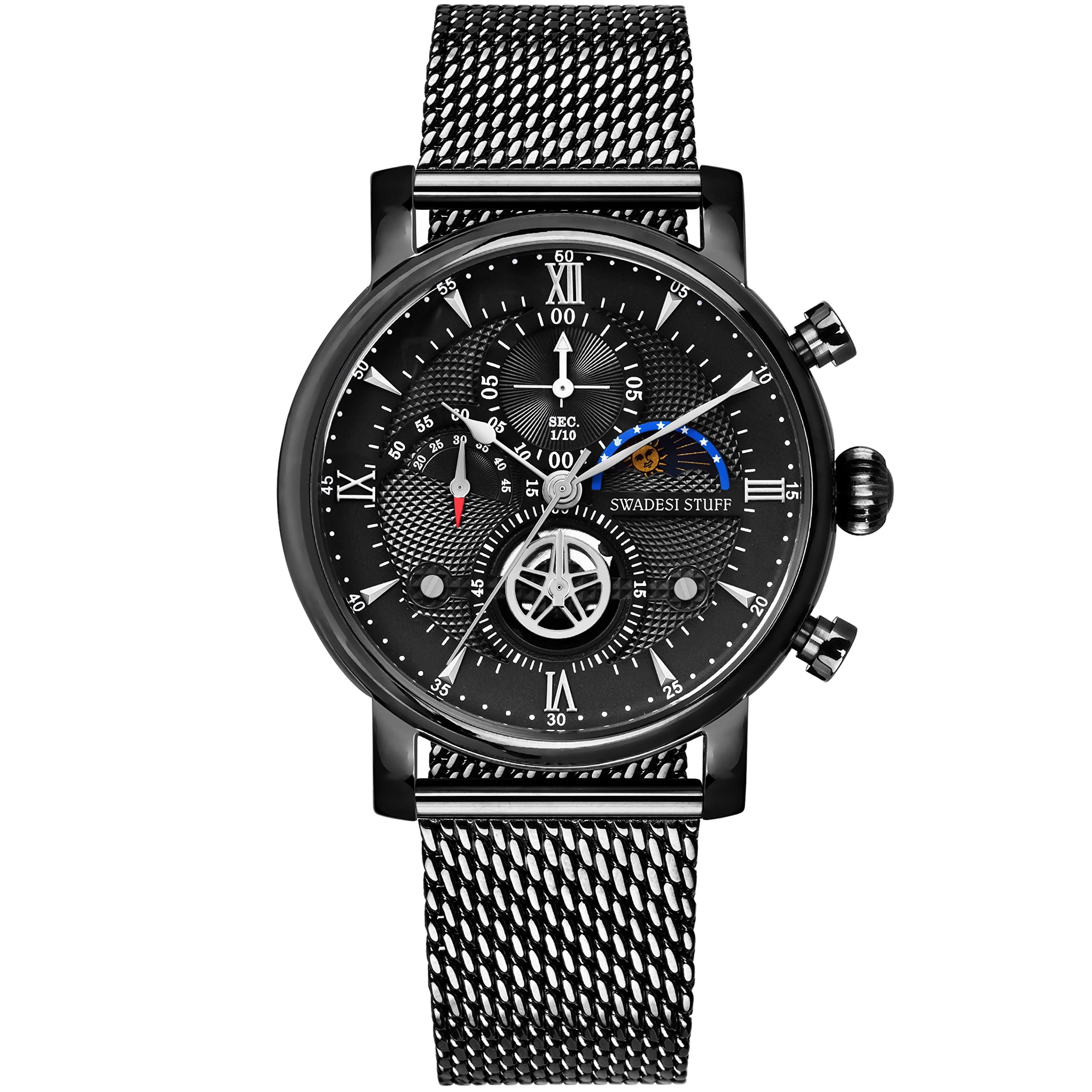 SWADESI STUFF Cognoscenti Chronograph Sun-Moon Black Dial Premium Luxury Stainless Steel Watch for Men (B0C43W3DFJ) Amazon Price History, Amazon Price Tracker