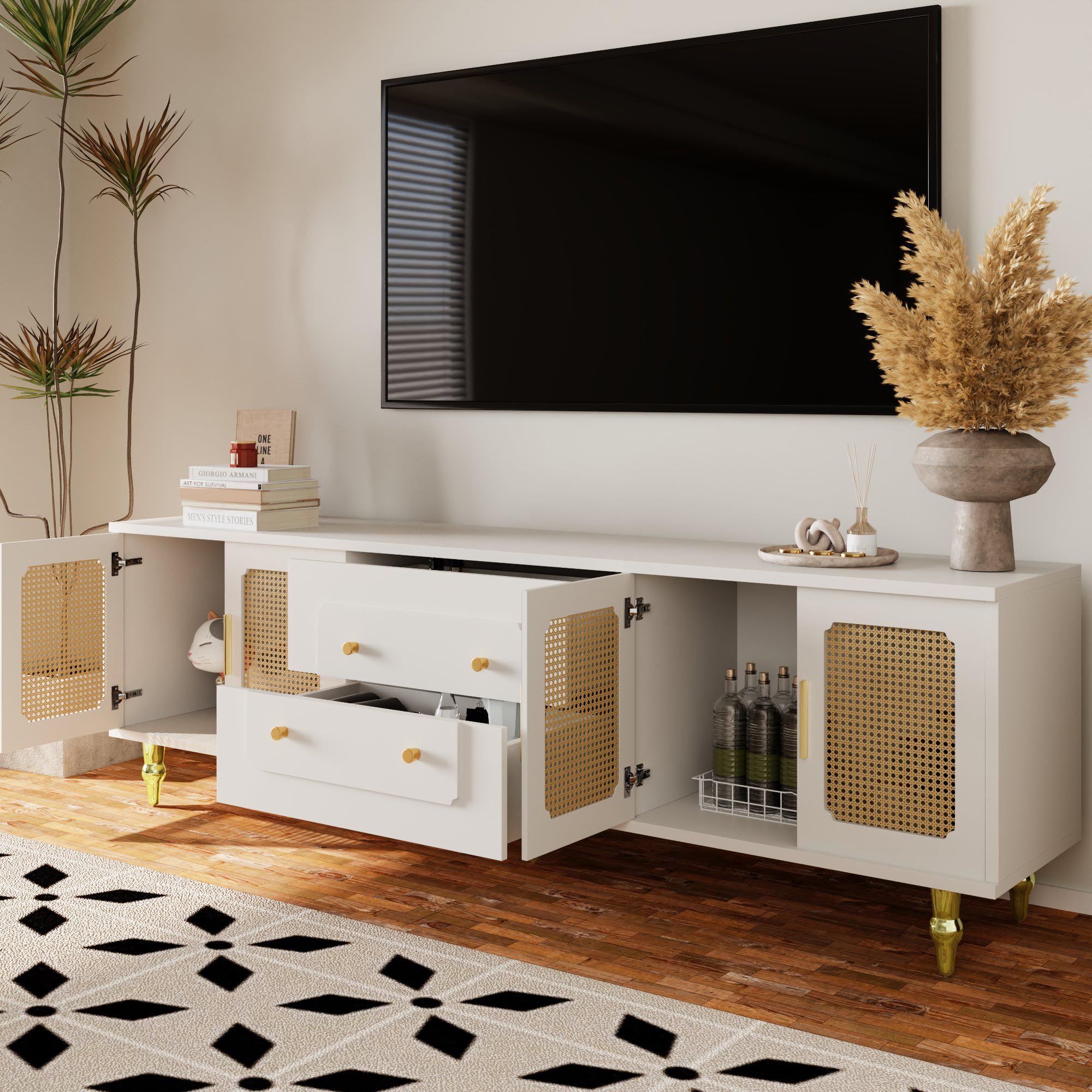 Mueble de TV de estilo retro con 6 compartimentos de almacenamiento, asas doradas, puerta de ratán y patas de metal, aparador de TV para salón (blanco, 175 x 38 x 55,5 cm)