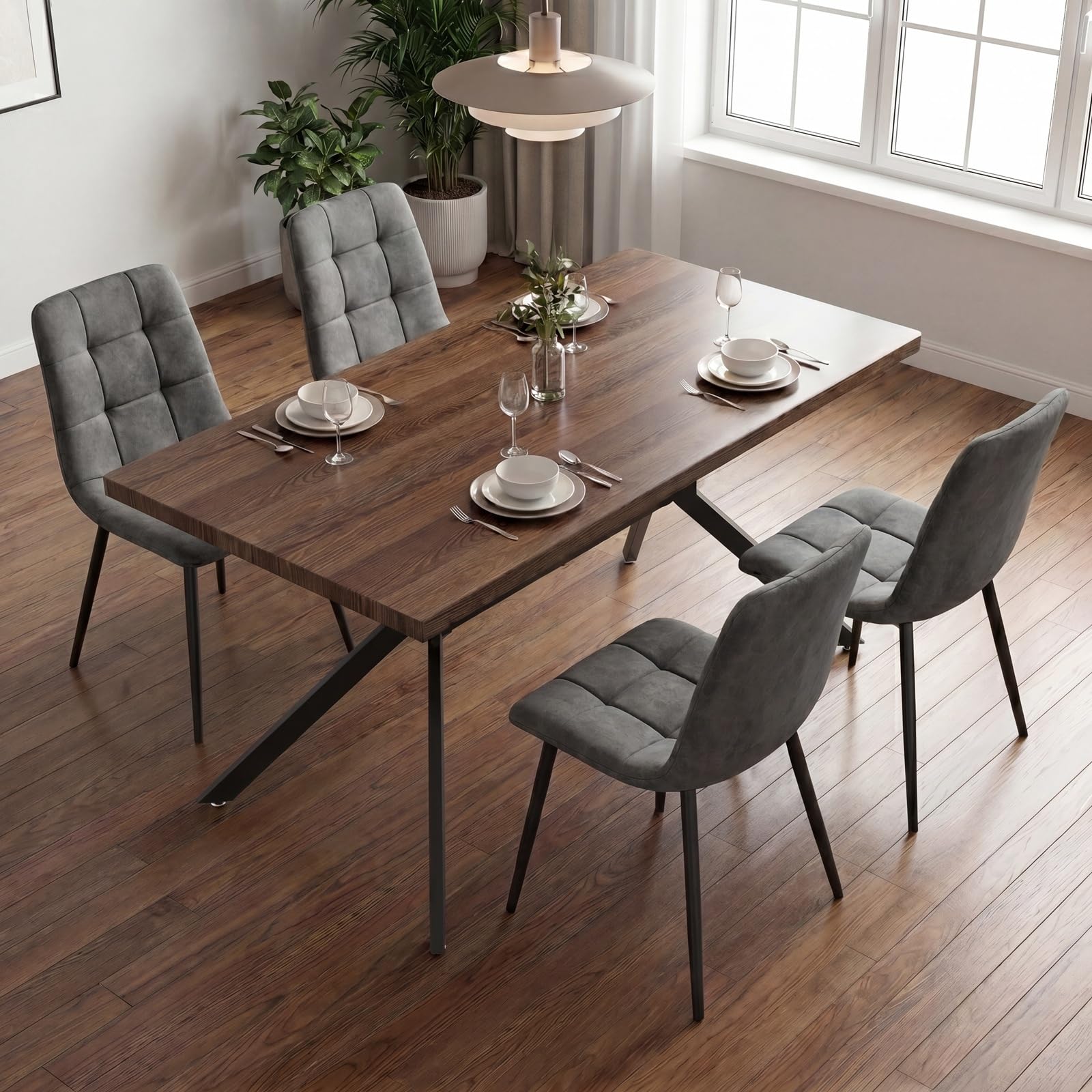 Essgruppen Esstisch mit 4 dunkelgrau Stühlen,140 x 80 x 76 cm Dunkelbraun Rechteckig Esstisch aus Holz mit Esszimmerstühle mit technisches Tuch,für Küche Esszimmer und Wohnzimmer