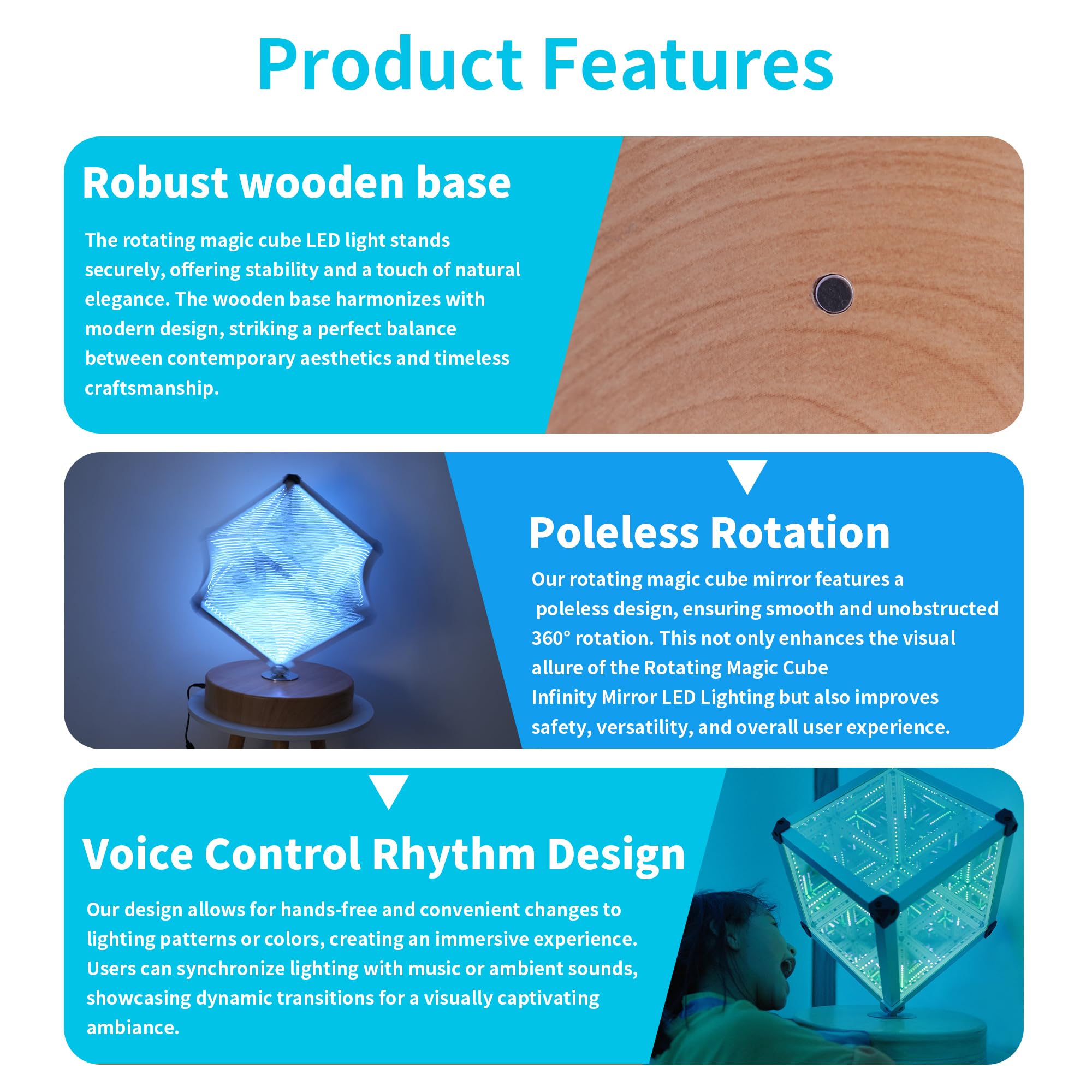 Tenmind Rotating Magic Cube Sensory Therapy Infinity Prismatic Reflection Mirror LED Lighting with Wooden Stand Geometric RGB Changing — view 5