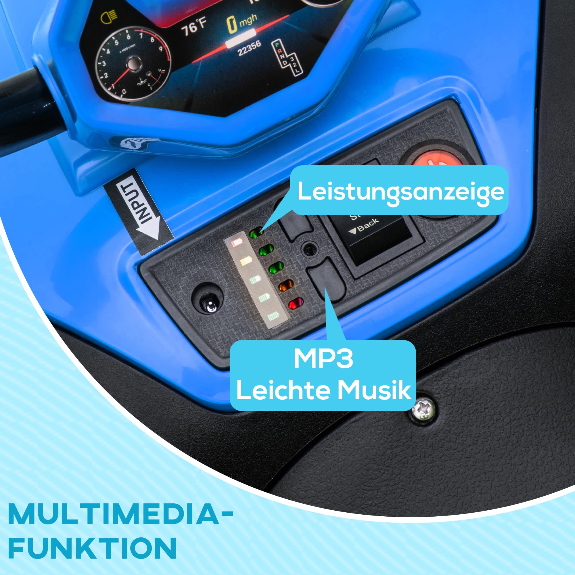 AIYAPLAY Quad elettrico per bambini, 12 V, con sospensioni a 4 ruote, lettore musicale MP3, veicolo per bambini con fari, marcia avanti e indietro, per bambini da 3 a 5 anni, 5 km/h, metallo, blu