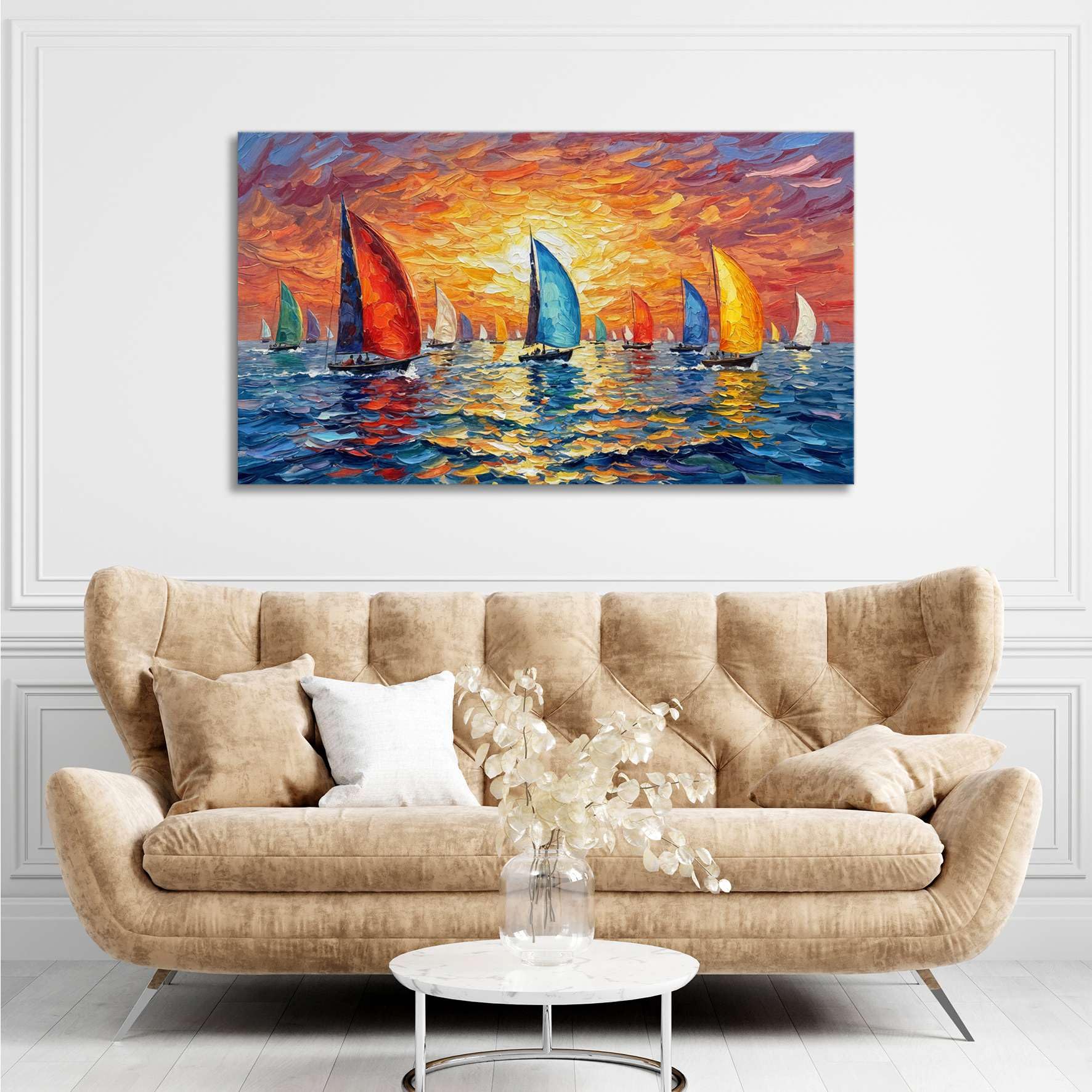 LuxHomeDecor Quadro Barche a Vela Colorate al Tramonto sul Mare – stampa su tela con telaio in legno – 140x70 cm