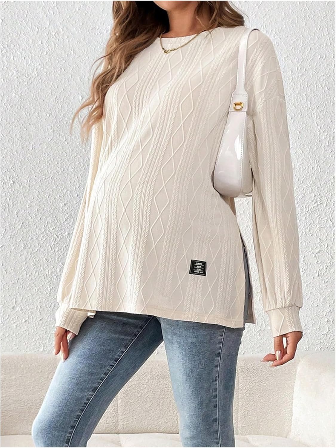 MakeMeChic Women's Maternity Tee Shirts Textured Long Sleeve Round Neck Slit Hem Pregnancy Tops - Image 5