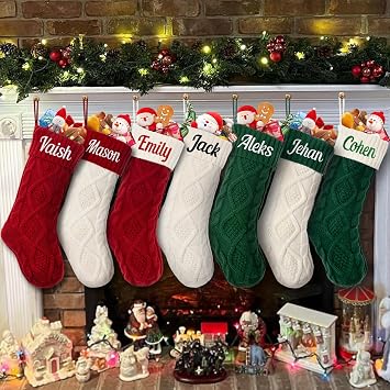 3Pcs Christmas Stocking Personalized,Custom Name Family Christmas Stocking, 18 inch Large Knitted Xmas Stocking for Christmas Holiday Fireplace Decoration