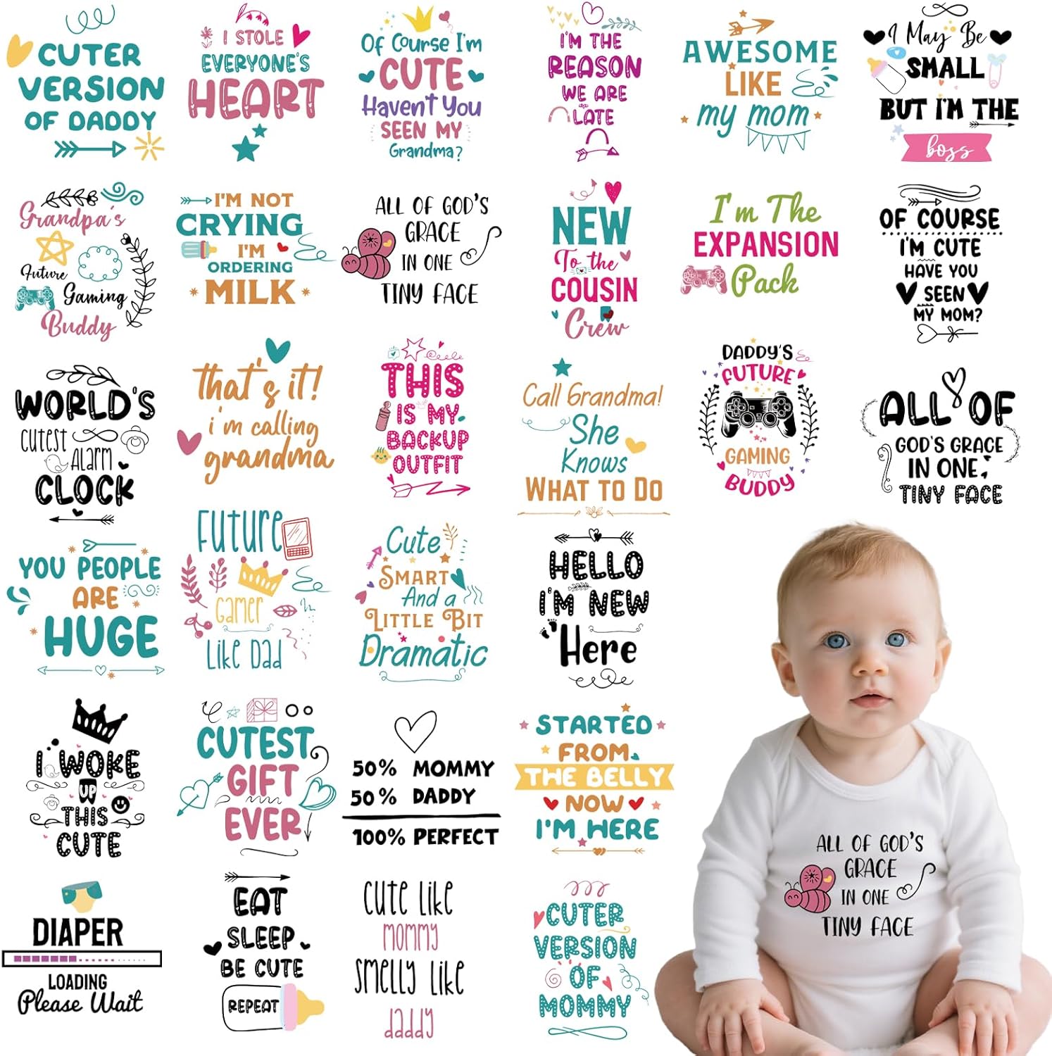Dtf Transfers Ready to Press - 30 Pcs Baby Shower Iron on Decals for Baby Onesies, Iron on Patches for Bibs Baby Bodysuit, Heat Transfer Vinyl Decals for DIY Fabric Clothes Decor