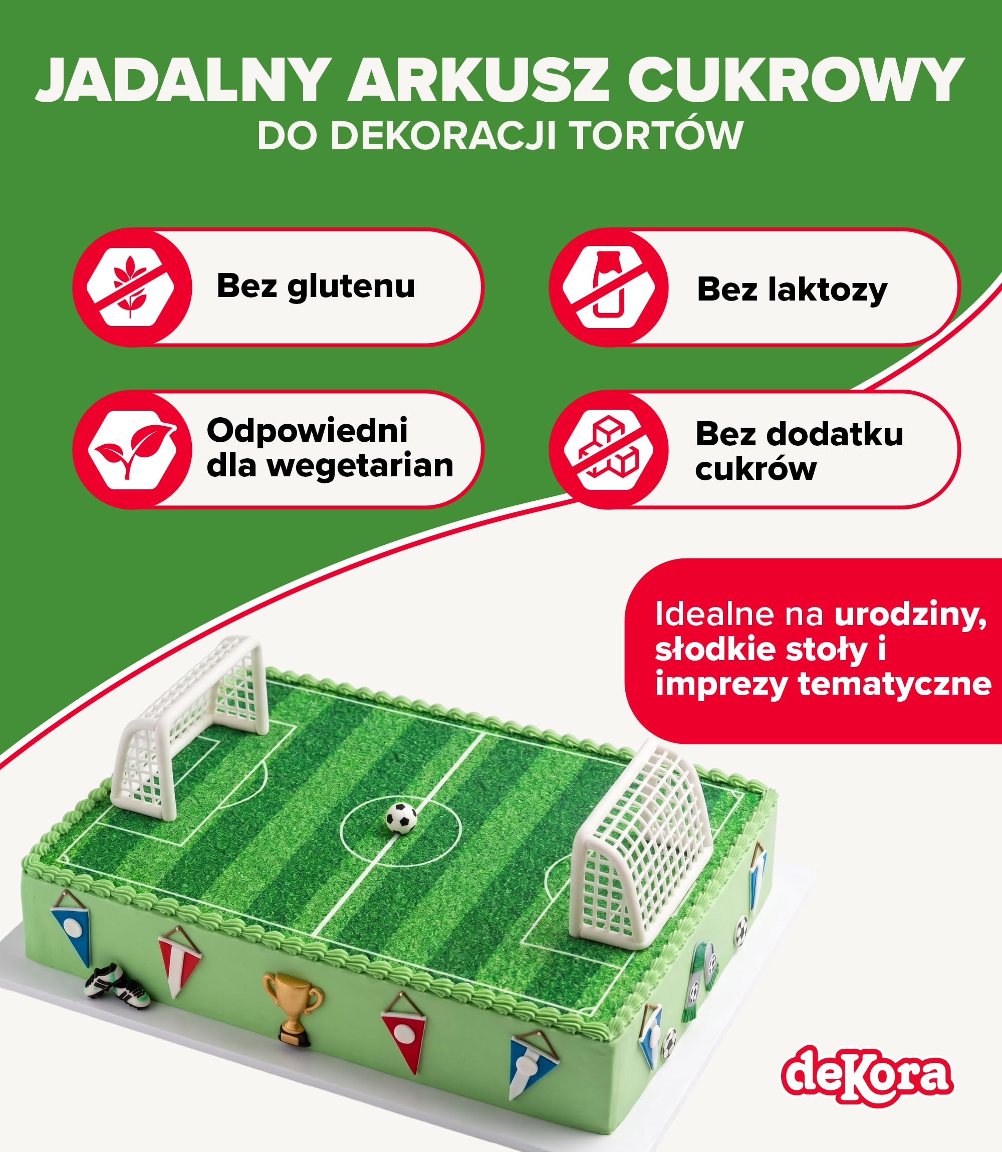 dekora – Jadalny arkusz Boisko Piłkarskie A5 14,8 x 21 cm | Dekoracja tortów i ciast | Bez dodatku cukru | Bez glutenu | Odpowiedni dla wegetarian