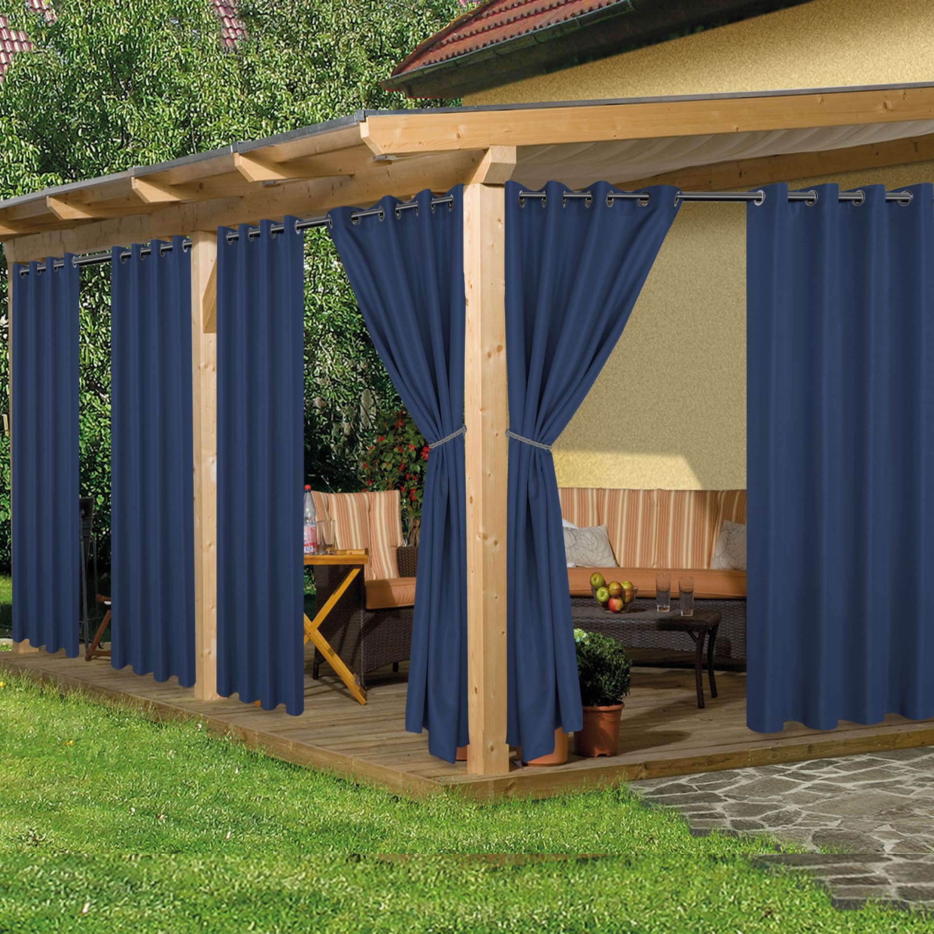 HolidayIdeas Outdoor Curtains for Patio Waterproof, 6 Panels - 54x84 Inches - Weatherproof Privacy Outsides Curtains for Cabana Porch Pergola, Sunlight & UV Blocking (Navy, Grommet Top)