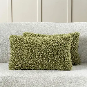 FUTEI Olive Green Decorative Throw Pillow Covers 12x20 Inch Set of 2,Soft Fluffy Faux Wool Fur Boucle Textured Lumbar Pillow Case,Modern Home Decor for Couch Bed Living Room Office