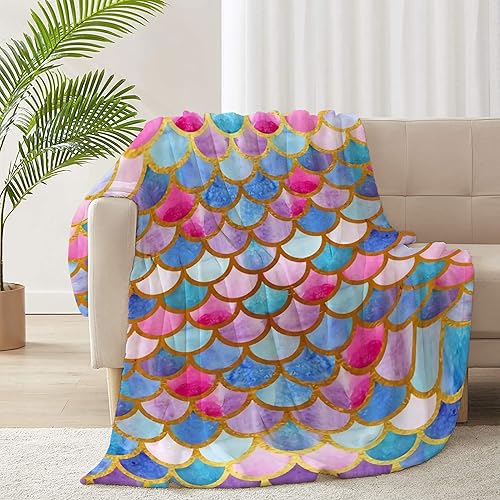 ARNOVIC Manta de sirena con escamas de pez, manta de sirena para niña, manta con estampado de sirenas Squama para dormitorio, decoración de sala de