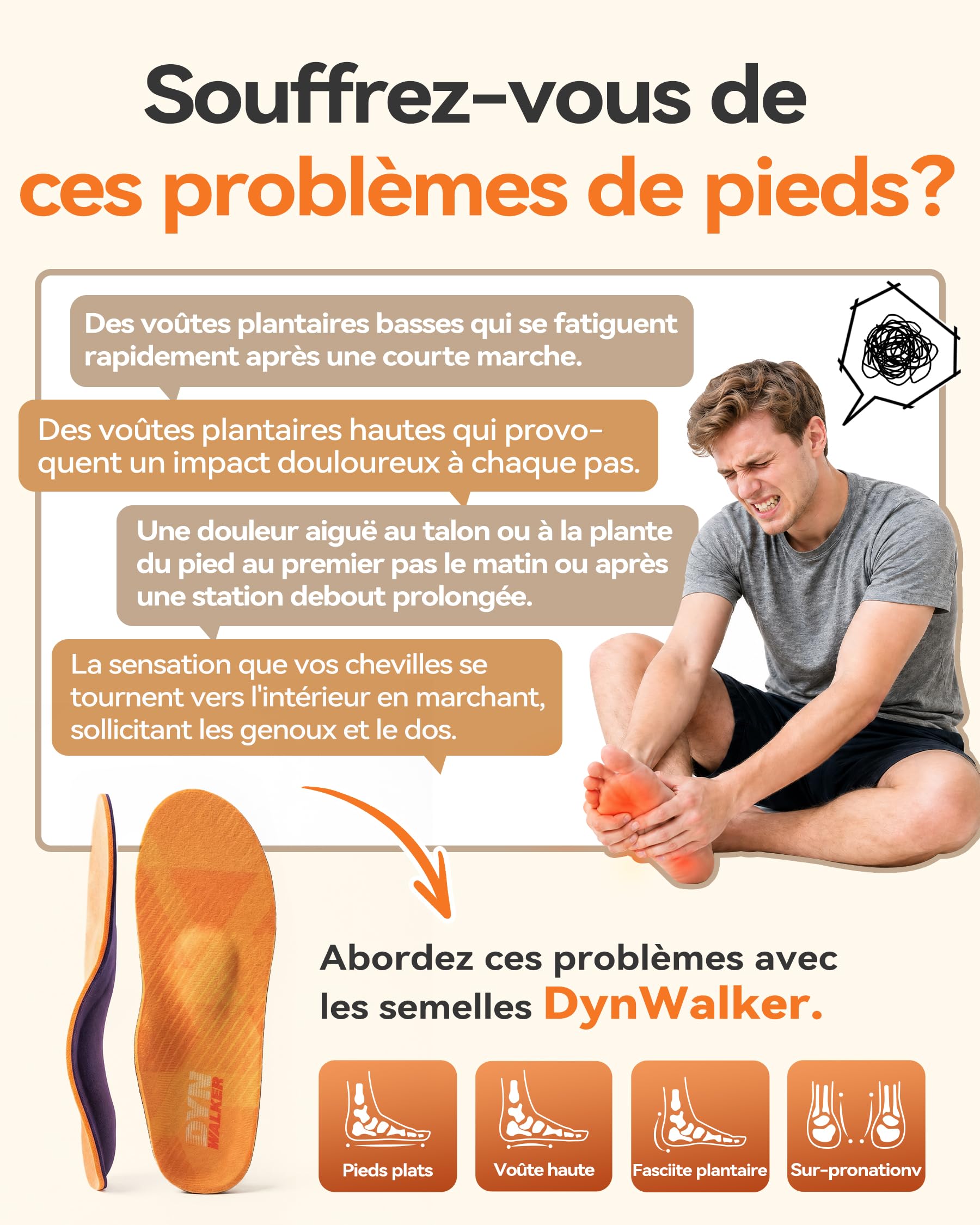 DynWalker Semelles Orthopédiques avec Support Voûte Plantaire - pour Fasciite Plantaire, Pieds Plats, Douleurs au Talon - Amortissantes & Stabilisantes pour Course, Travail, Quotidien (H&F) S