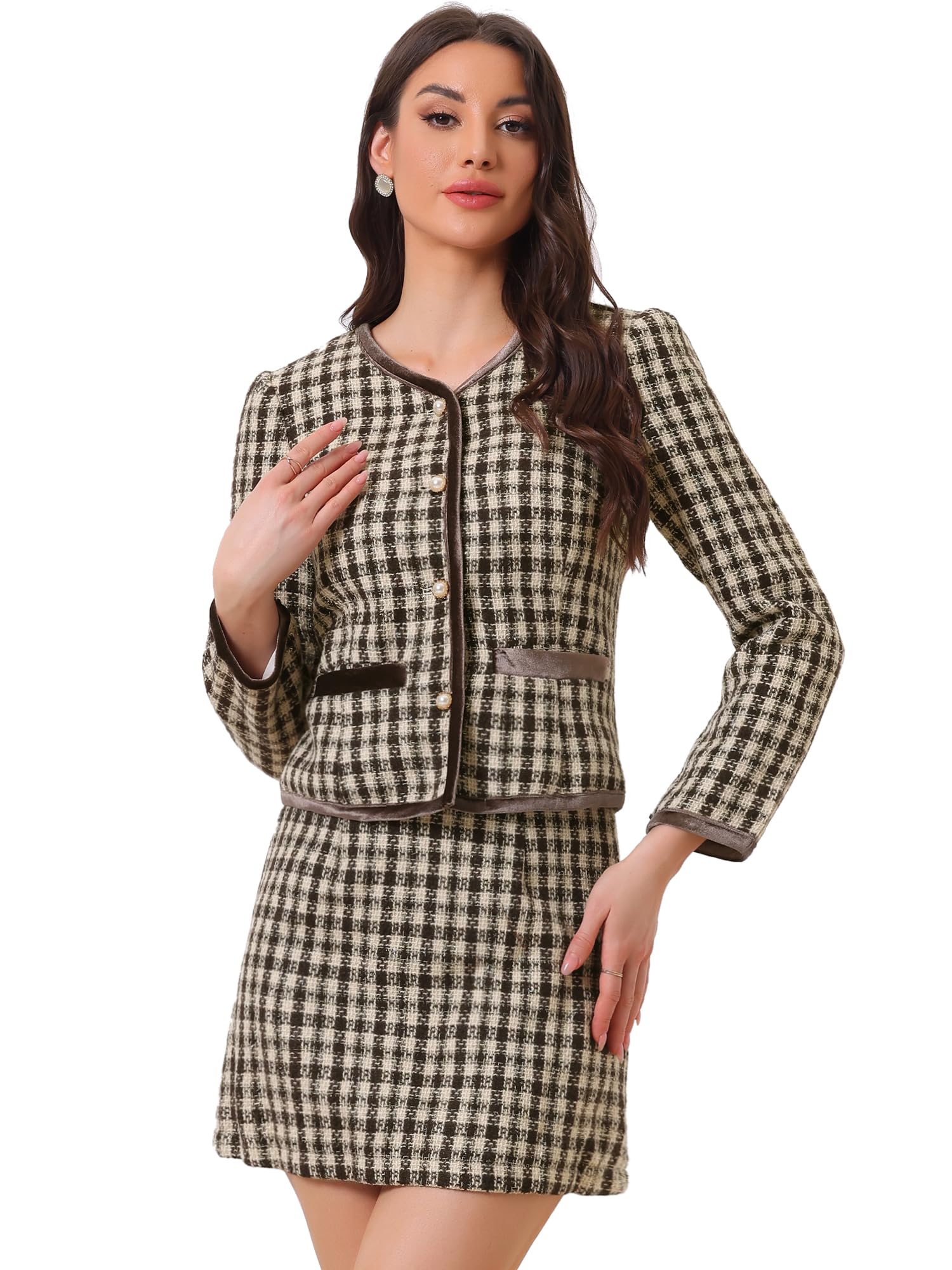 Allegra K Ensemble de Costume pour Femme 2 pièces Tenues Plaid Tweed Court Blazer Veste et Ensembles de Jupe de Noël
