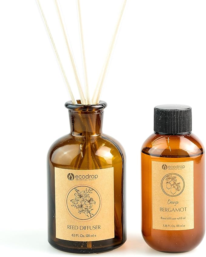 Ecodrop Bergamot Reed Diffuser Set - 100ml | Refreshing Orange Bergamot Scented Aromatherapy Fragrance Oil, a Glass Bottle & 6 Wooden Reed Sticks | Office & Home Spa Gift for Kitchen & Bathroom