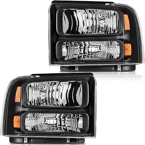 Headlight Assembly For Ford For F250 For F350 For F450 For F550 Super Duty 2005 2006 2007 For Ford Excursion 2005 Black Housing Amber Reflector Clear Lens Driver and Passenger Side Headlamp