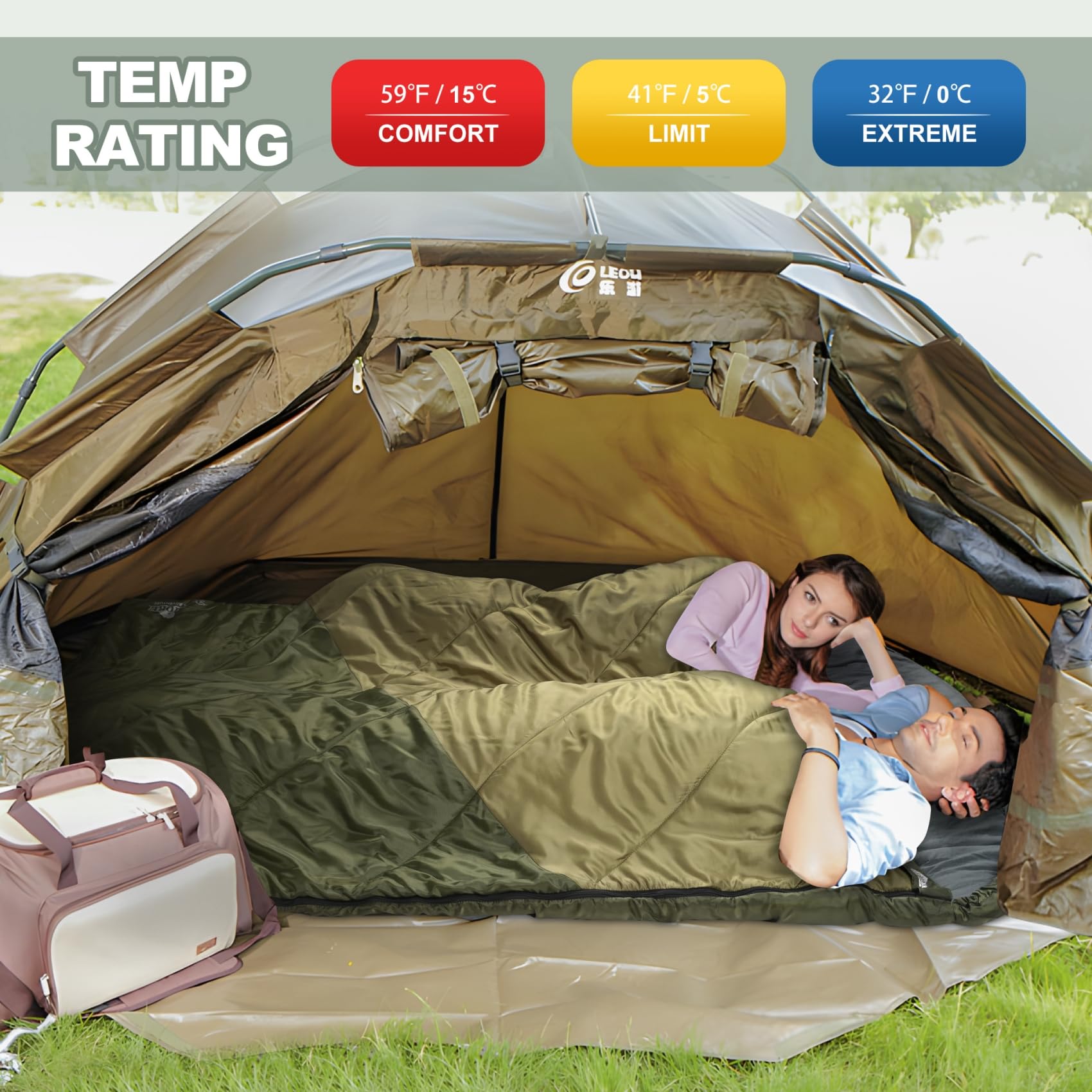 Sac de couchage double, grand lit, pour adultes, couples ou famille, sac de couchage imperméable pour 2 personnes, pour temps chaud et froid, camping, randonnée, randonnée