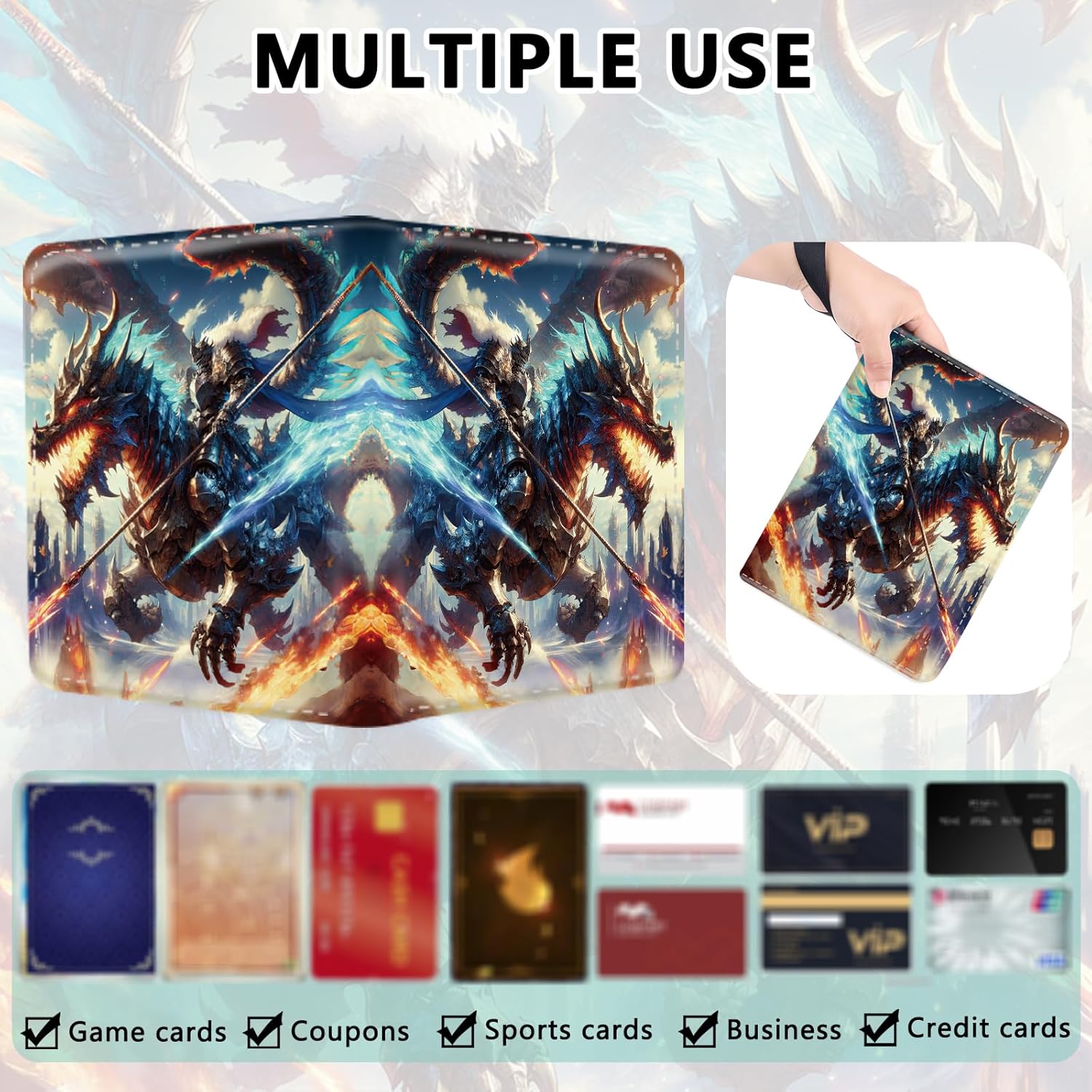 Trading Card Binder, 4 Pockets 400 Card Holder Collector Album with 50 Removable Sleeves, Portable Trading Collection Album for photocard kpop mtg/TCG Game Football Sports Cards, Ice and Fire Dragon