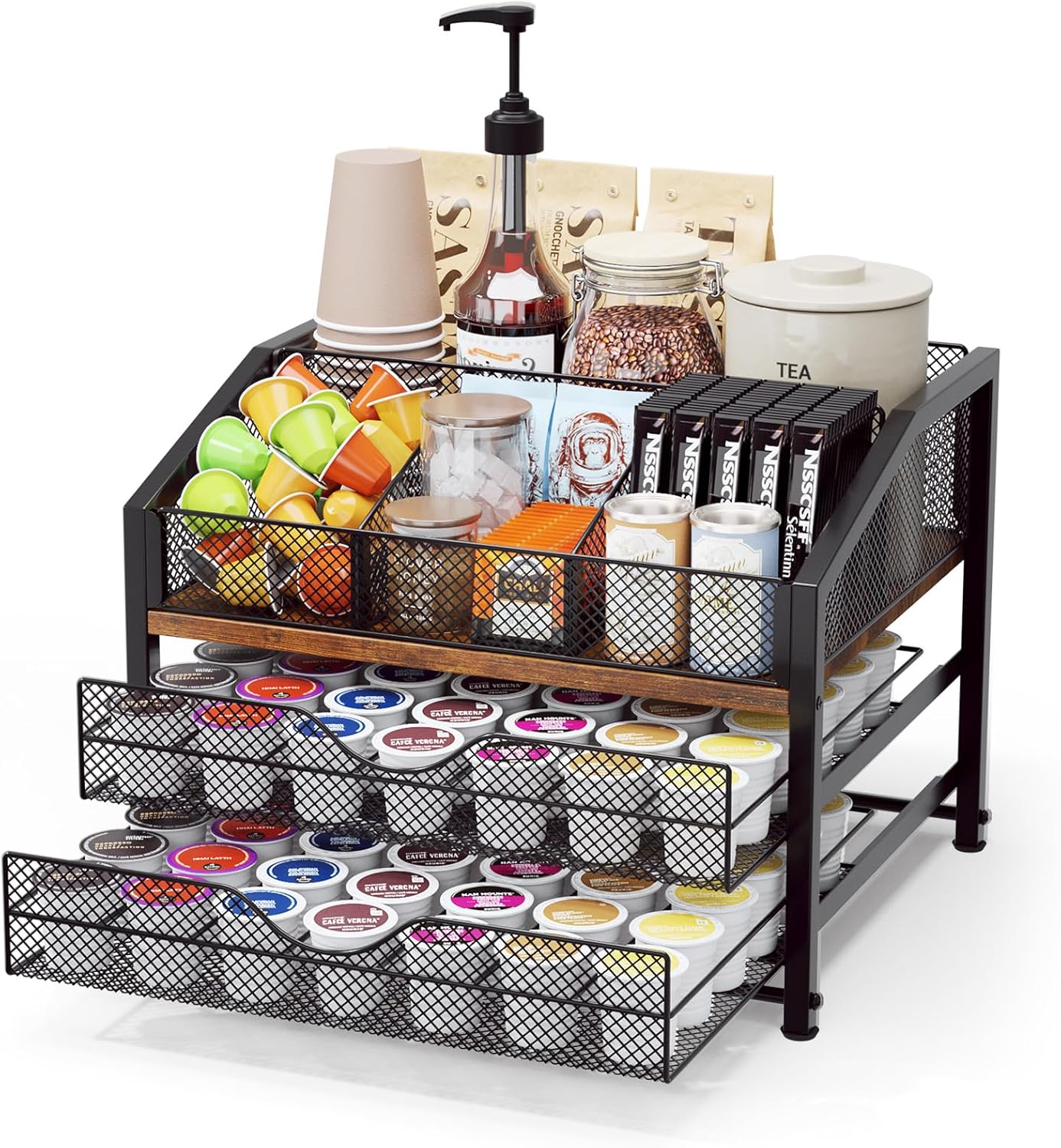 Coffee Bar Organizer – Coffee Station for Countertop, Metal and Wood K Cup holder Storage Basket for Coffee Pods, Syrup, Cups, Stirrer, Coffee Condiment, Tea Organizer, Black and Brown Coffee Bar Organizer – Coffee Station for Countertop, Metal and Wood K Cup holder Storage Basket for Coffee Pods, Syrup, Cups, Stirrer, Coffee Condiment, Tea Organizer, Black and Brown