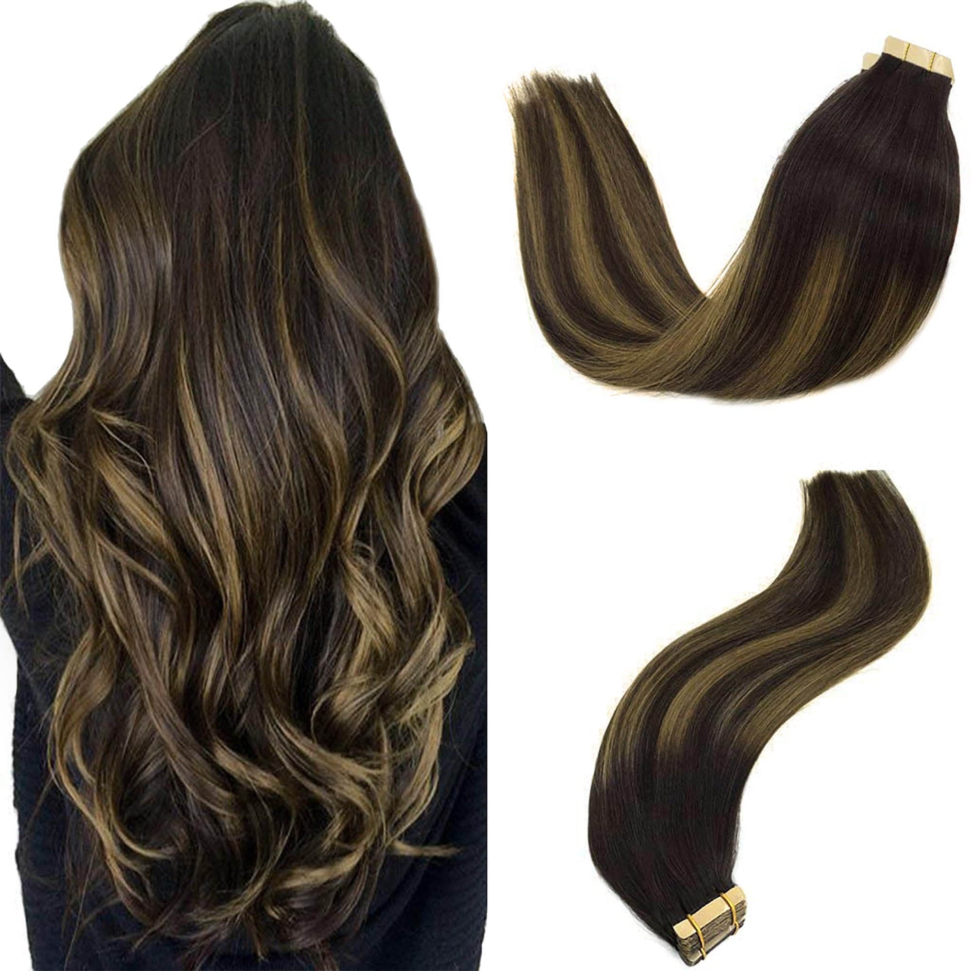 GOO GOO Tape in Hair Extensions Human Hair, 20pcs 50g 16inch, Balayage Chocolate Brown to Strawberry Blonde Real Remy Hair Extensions Seamless Straight Human Hair Extensions — view 13