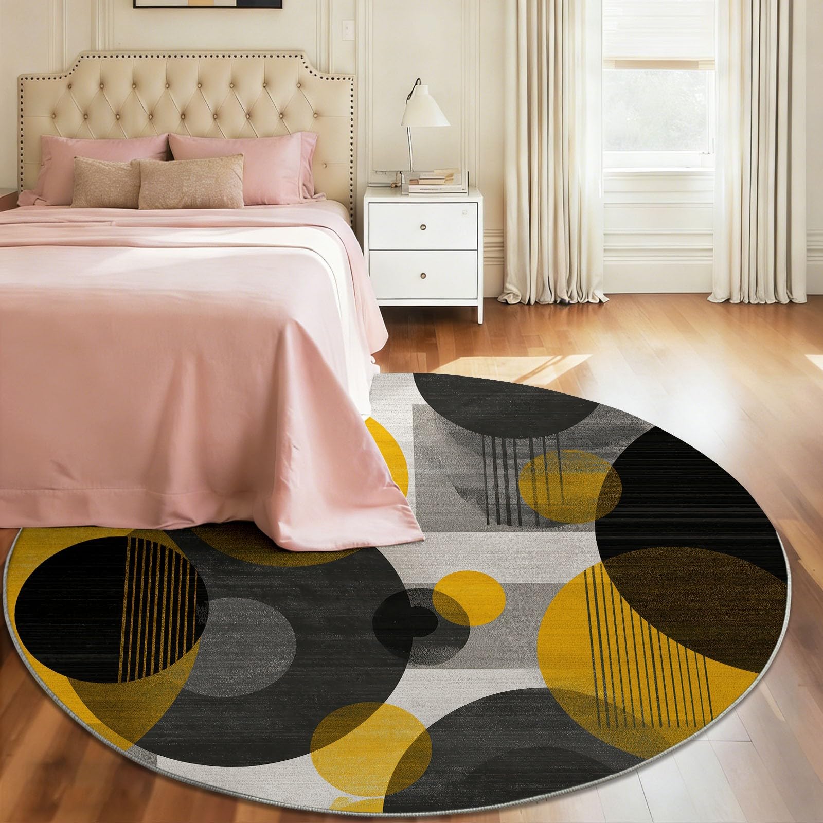Lavabile In Lavatrice Moderno Astratto Cerchio Tappeto Rotondo 120 cm Morbido E Confortevole Pelo Corto In Flanella Tappetino Antiscivolo Camera Da Letto Tappeto Da Pavimento Giallo Nero