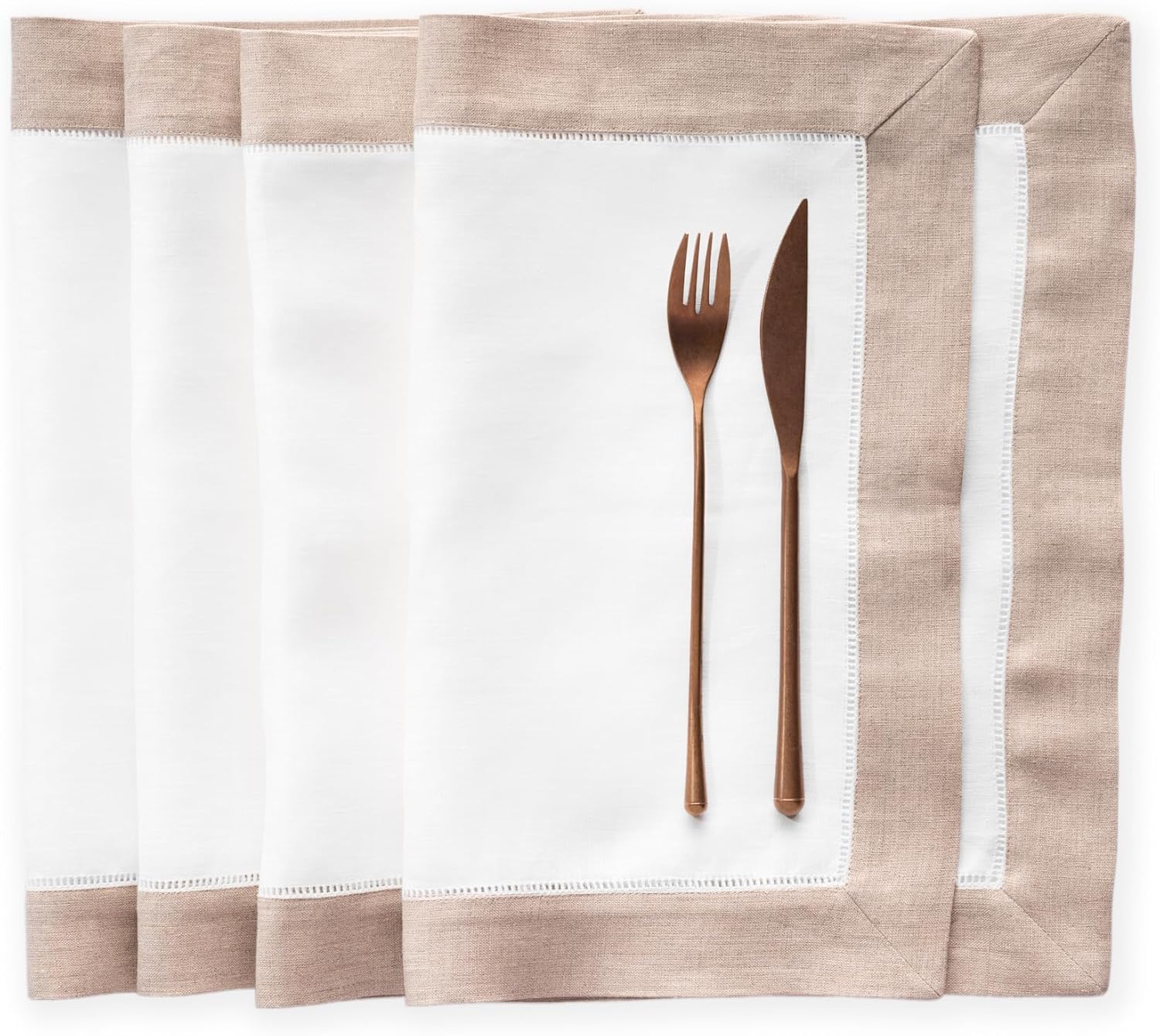 Linen Placemats Set of 4-100% Flax Linen White and Natural Placemats 14 x 19 inch - Classic Hemstitch Placemats Washable for Fall, Thanksgiving, Christmas and Winter Decor