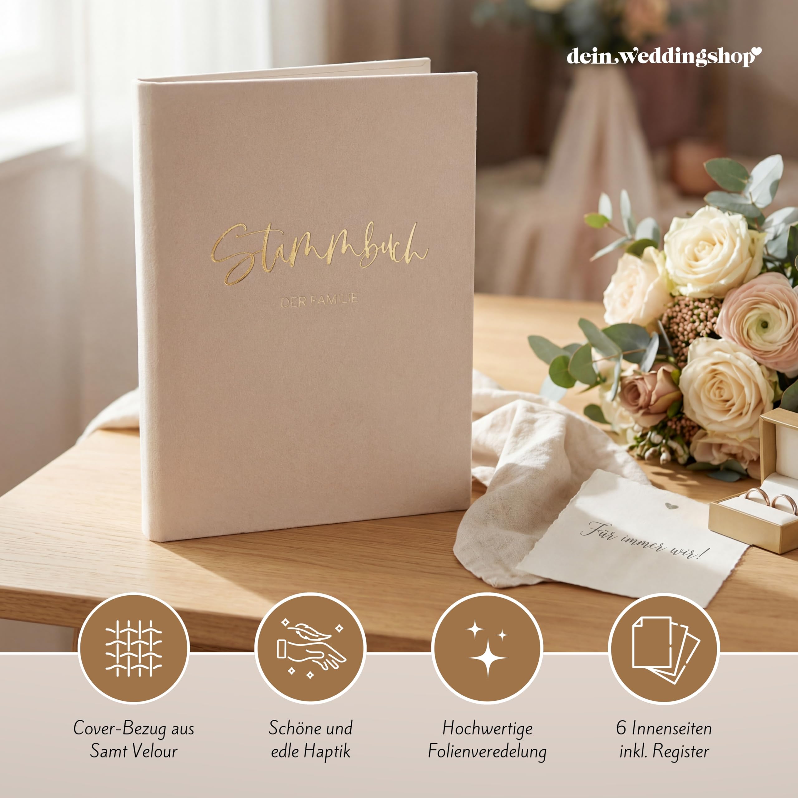 Stammbuch Hochzeit Beige-Grau Gold Samt Velour, handgefertigt inkl. vorgedruckten Innenseiten -Standesamt Familiestammbuch, 16x21 cm