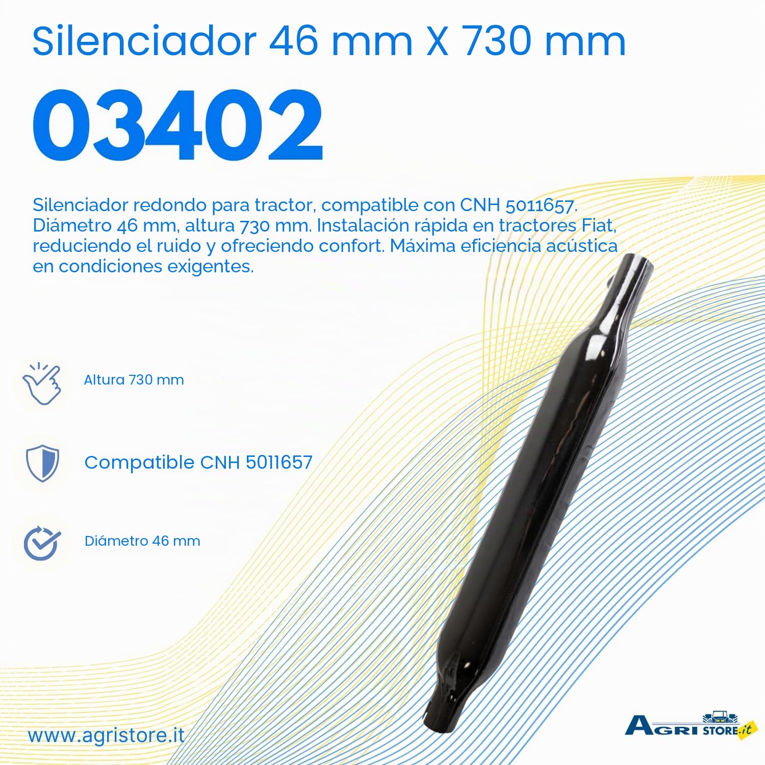 Ama Silenciador redondo para tractor: silenciador de escape para maquinaria agrícola, Minimiza los ruidos producidos por el motor, 46 mm de diámetro, referencia original Fiat 5011657