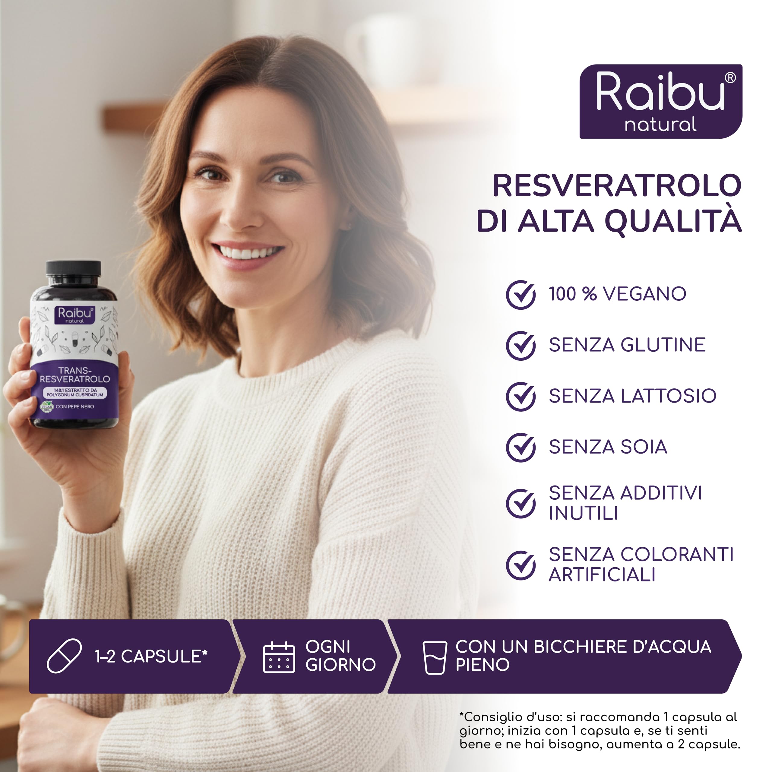 Resveratrolo Puro, 1050mg di Trans-Resveratrolo 98% da Polygonum Cuspidatum - Antiossidante Naturale, Alto Assorbimento - Senza Magnesio Stearato né OGM - 60 capsule vegane
