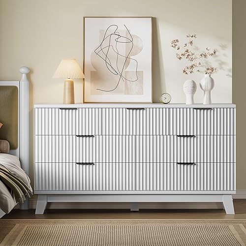 Miniatura 4 de Cómoda de 57 pulgadas de largo para dormitorio, cómoda acanalada de 7 cajones, cómoda de madera moderna, organizador de almacenamiento amplio