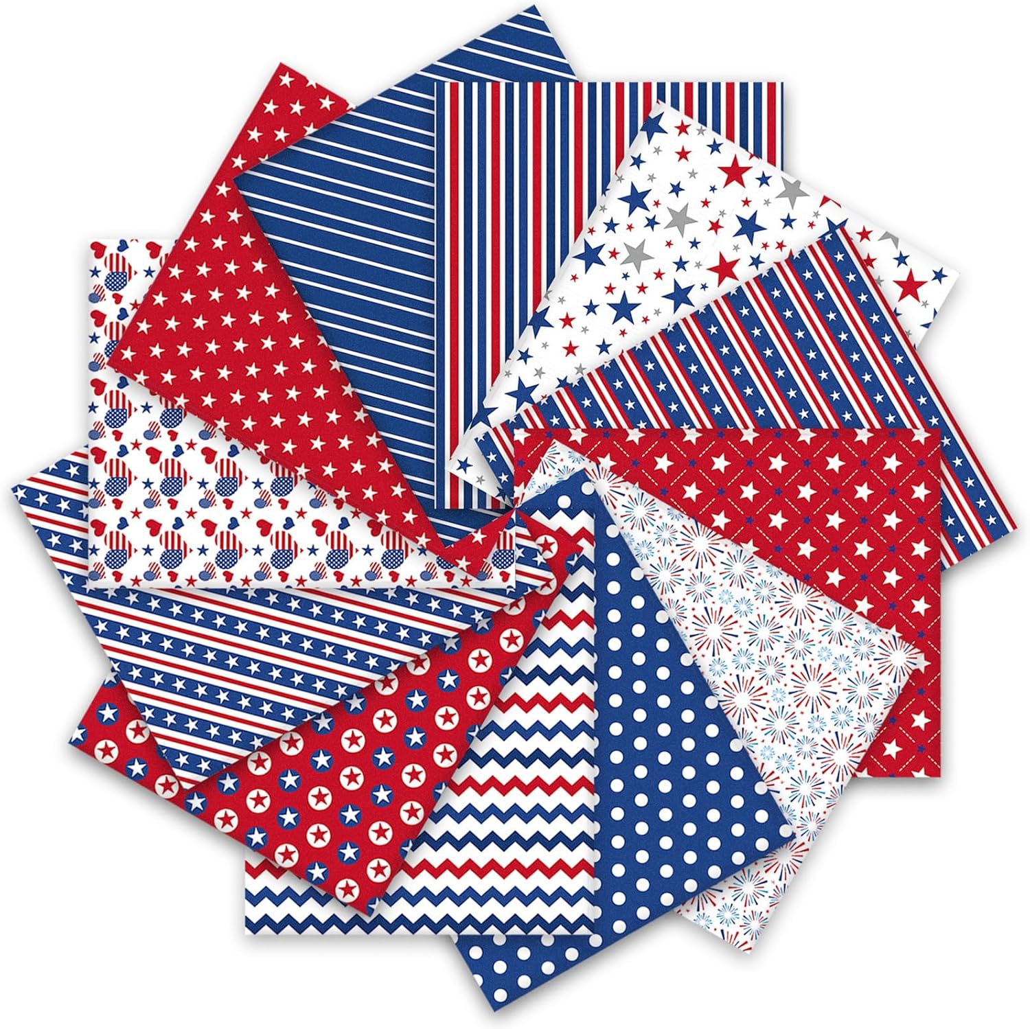 Whaline 12Pcs Patriotic Cotton Fabric Bundles 18 x 22 Inch Star Firework Fat Quarters 4th of July Quilting Patchwork Squares Independence Day Sewing Fabrics for 250th Anniversary DIY Craft Party Decor