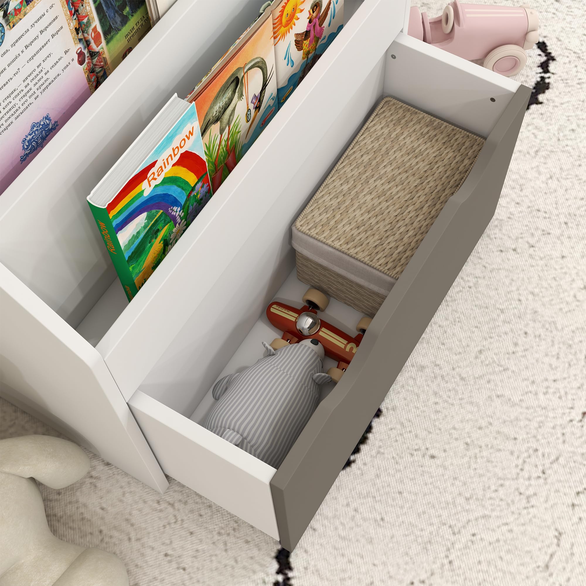 AIYAPLAY Bücherregal für Kinder, 62,5 x 30 x 70 cm (L x B x H), Grau und Weiß | Für Bücher und Spielzeug, multifunktional, 3 Regalebenen, Schublade