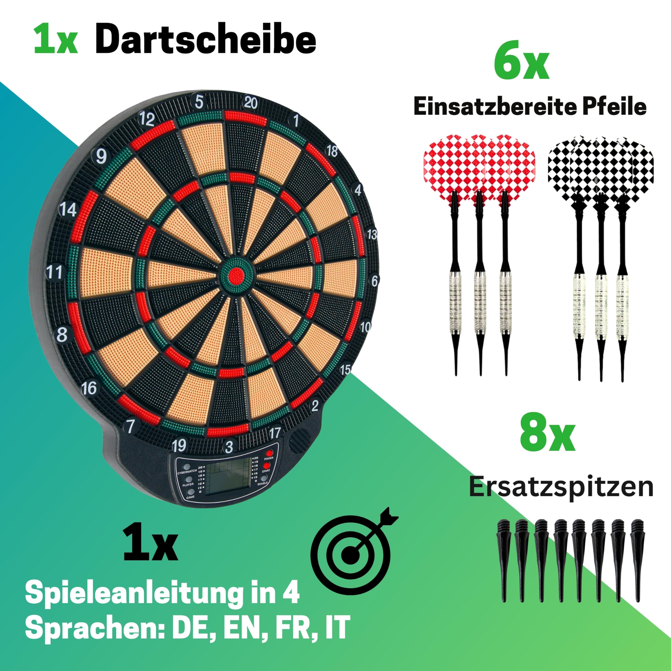 Best Sporting Elektronische Dartscheibe Nation, Windsor oder Bristol – 21 Spiele mit 65 Varianten, kabellos – Inkl. 6 Pfeile & 8 Ersatzspitzen – Für bis zu 8 Spieler