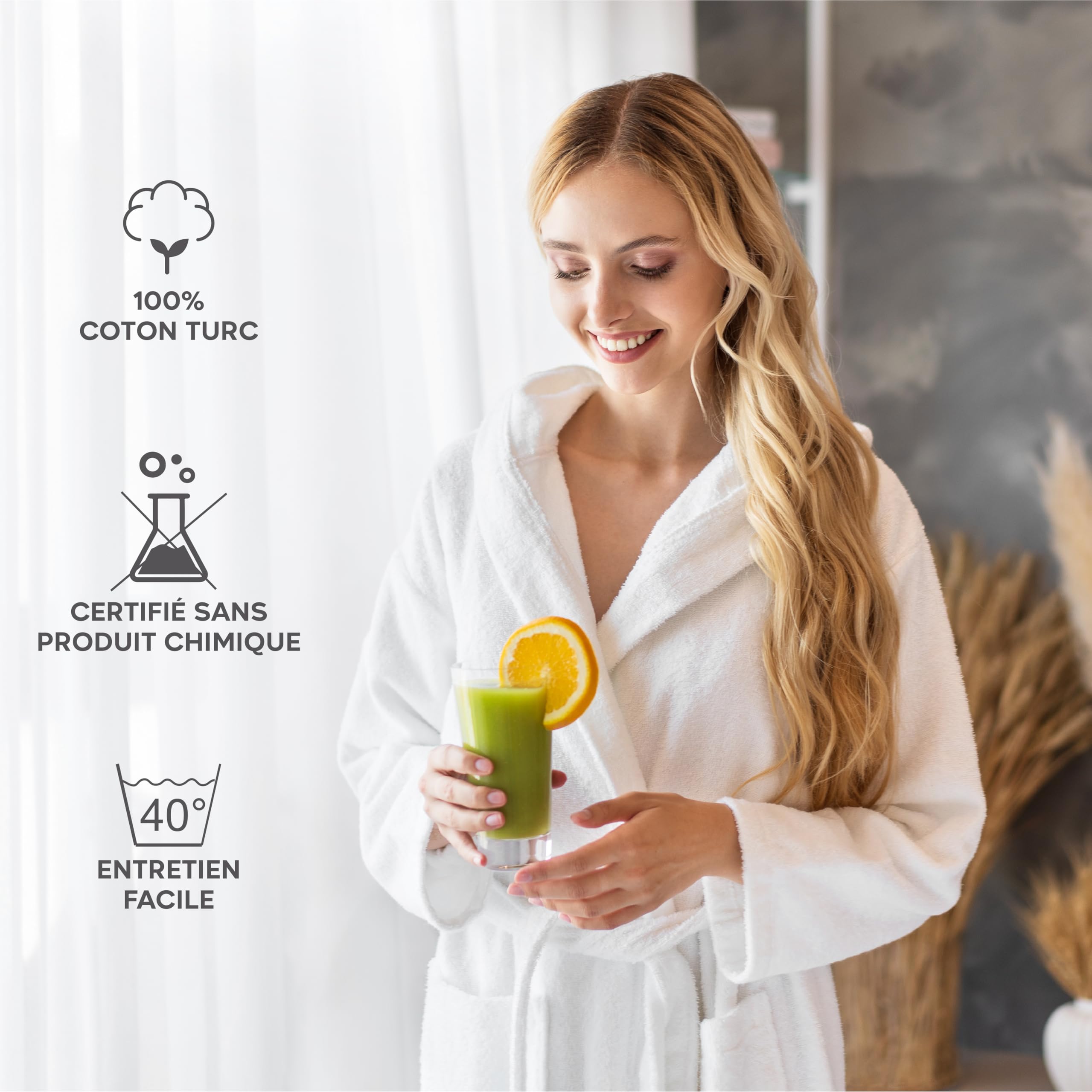 Twinzen Peignoir de Bain Femme - XS, S, M, L, XL - 100% Coton avec Capuche - Certifié OEKO-TEX® - Robe de Chambre Eponge 2 Poches, Ceinture - Doux, Absorbant et Confort