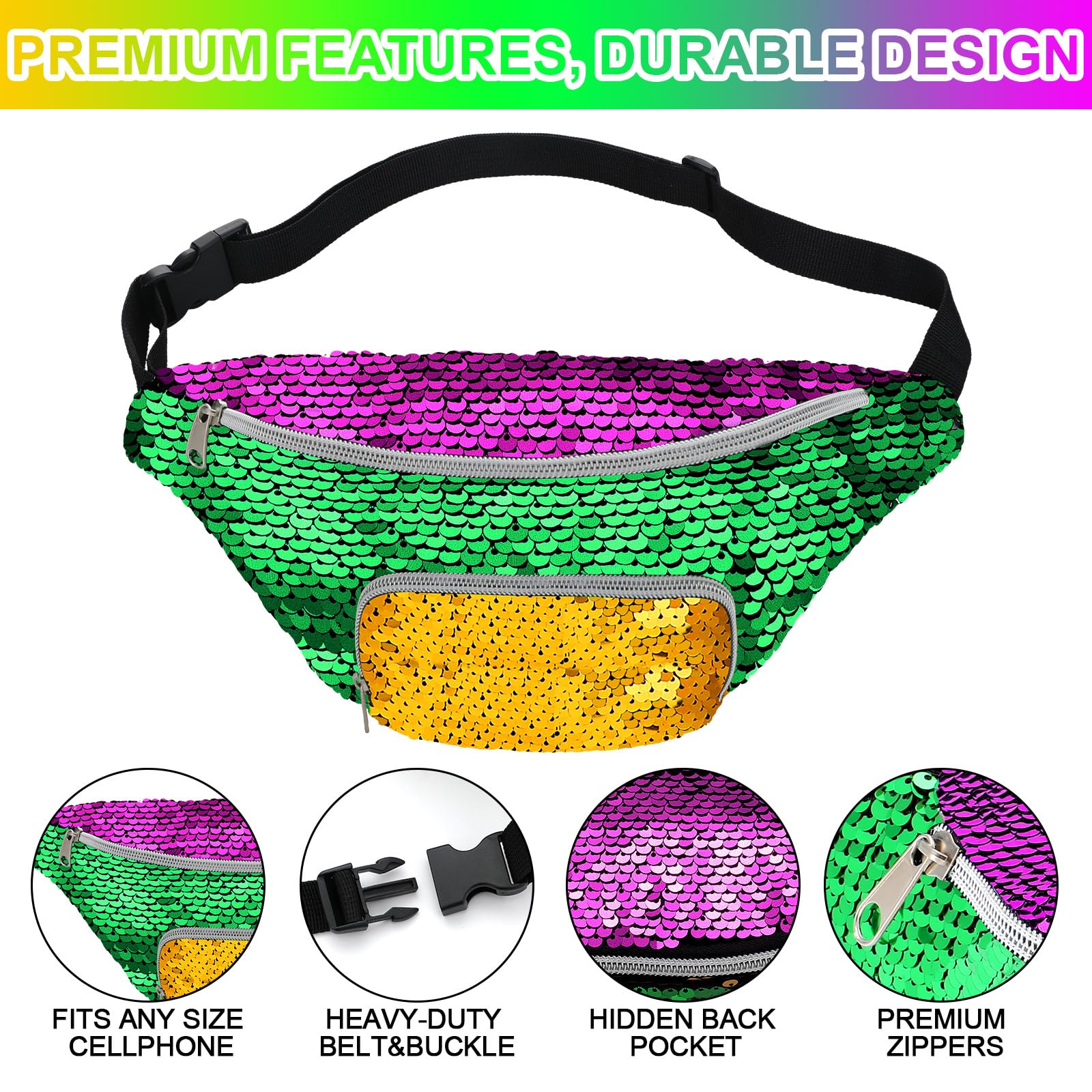 Abbylike 4 Stück Mardi Gras Pailletten Bauchtasche für Frauen Glitzer Crossbody Taschen mit verstellbarem Riemen Pailletten Tasche Wandern Taille Packs Hüfttasche für Karneval Weihnachten Geburtstag